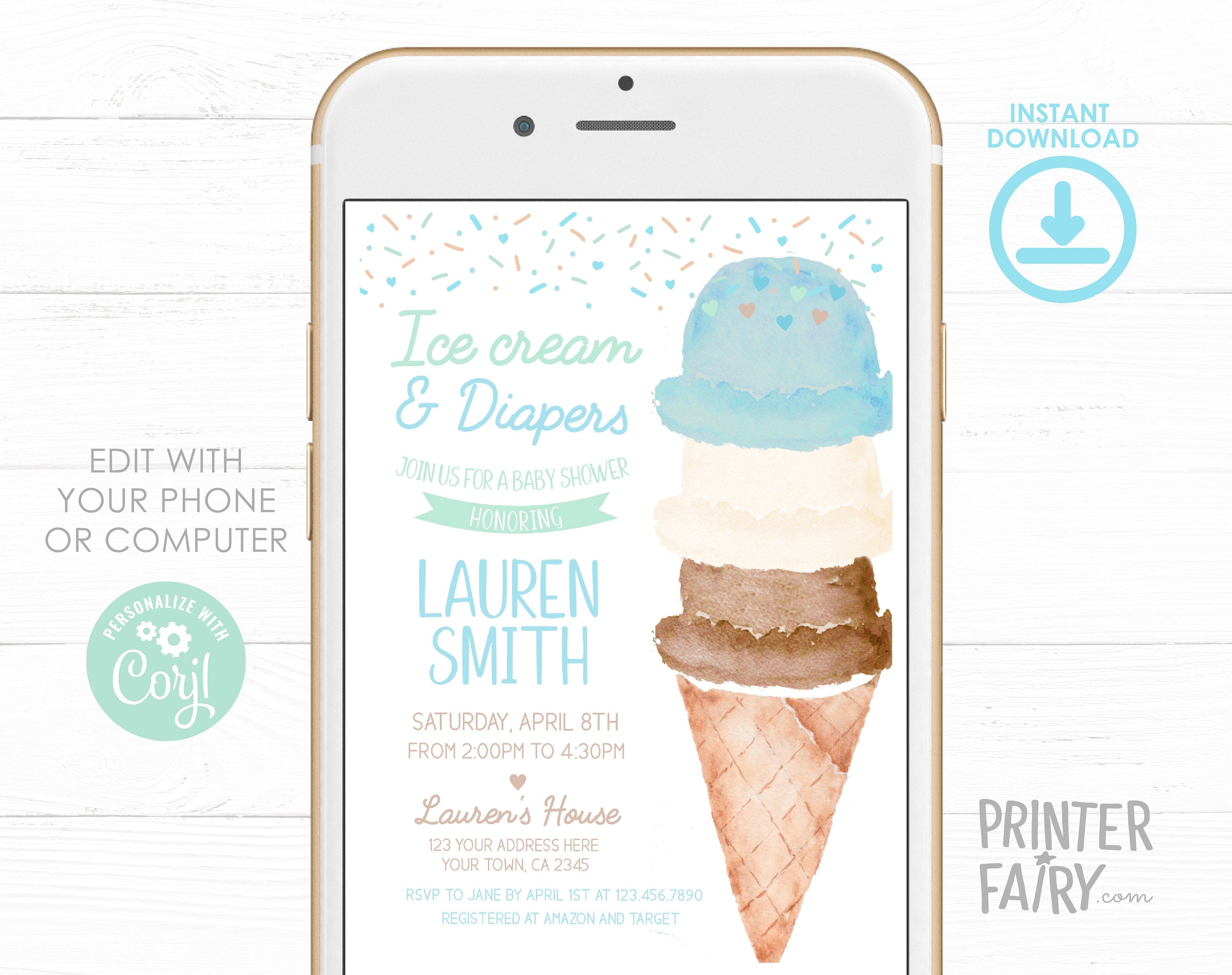 Ice Cream Baby Shower Invitation, Watercolor Cone (Digital Item)