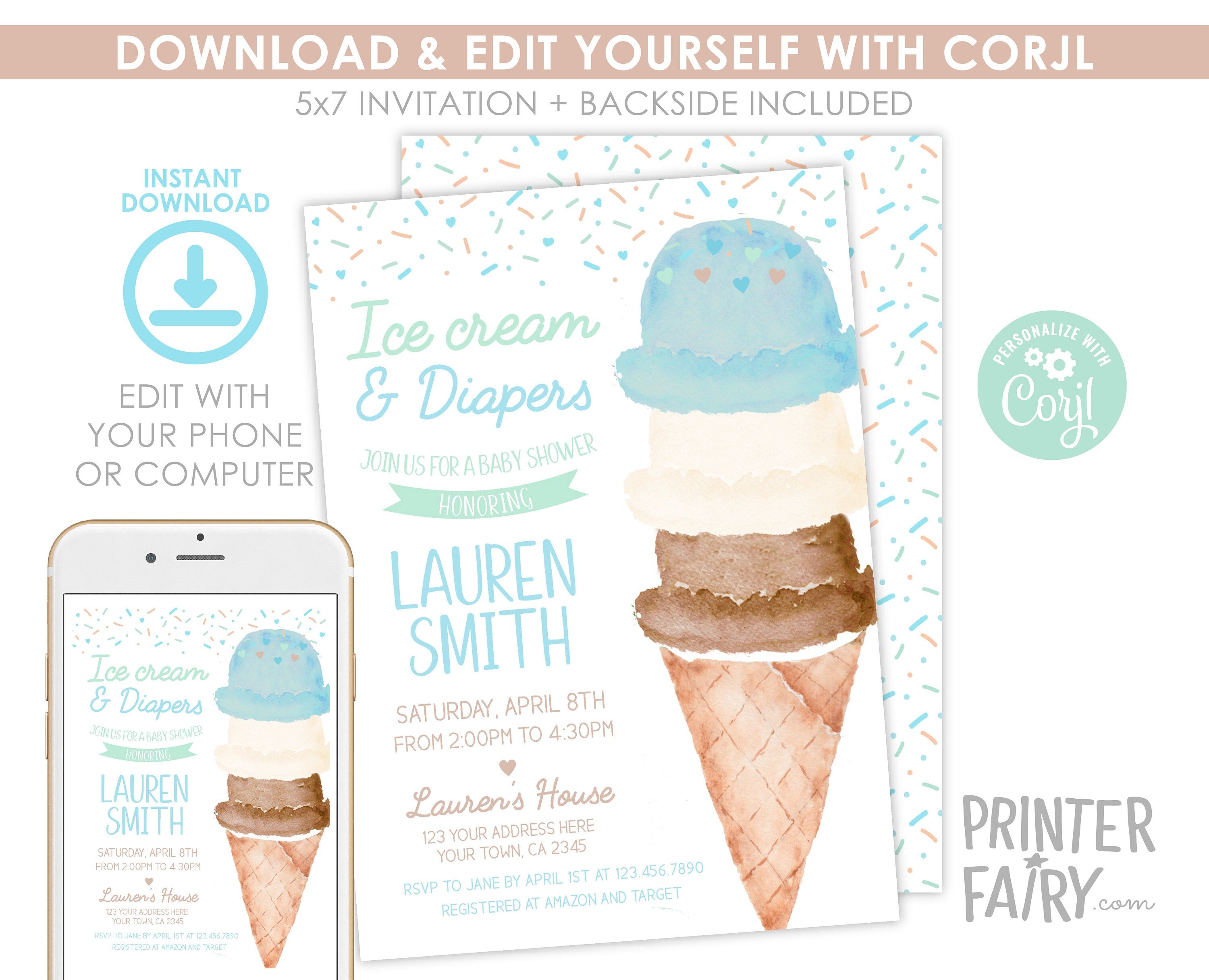 Ice Cream Baby Shower Invitation, Watercolor Cone (Digital Item)