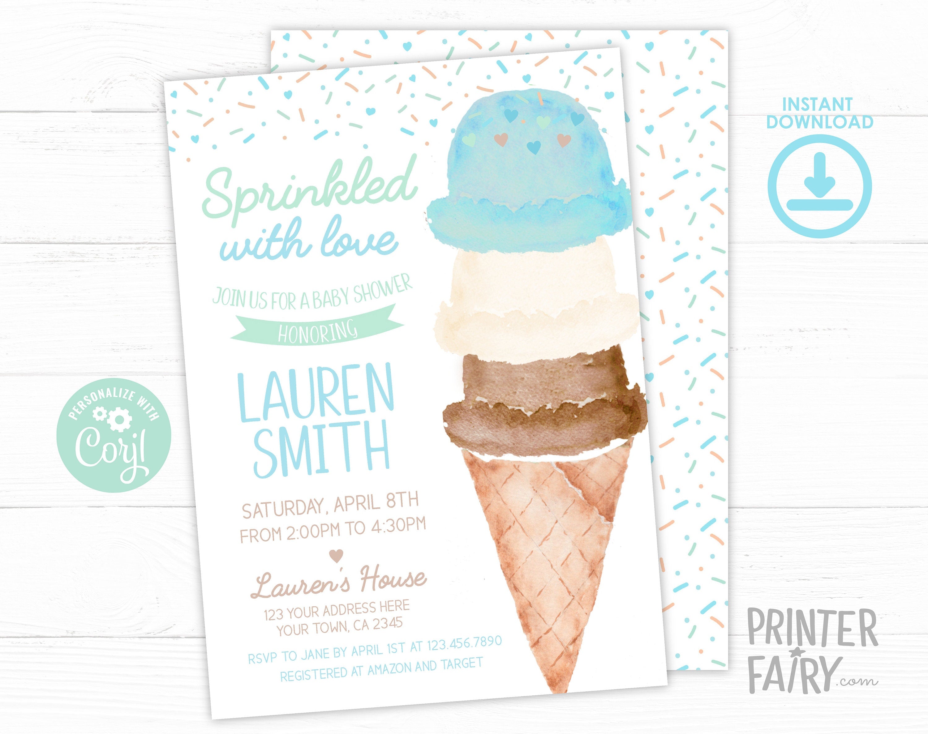 Ice Cream Baby Shower Invitation, Sprinkled with Love Boy, Editable Template (Digital Download)