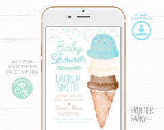 Ice Cream Baby Shower Invitation Editable Template, Watercolor Design (Digital INSTANT Download)