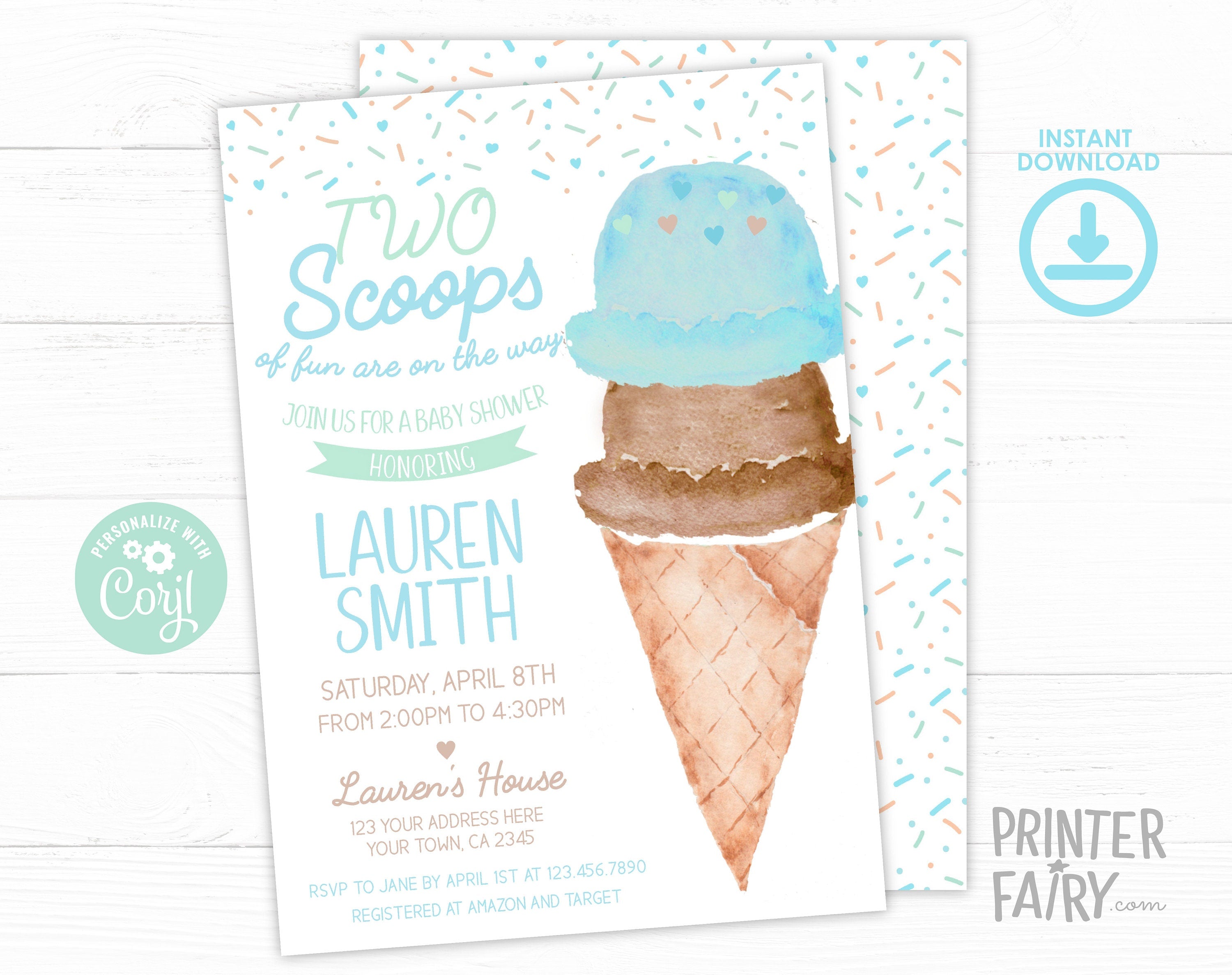 Ice Cream Twins Baby Shower Invitation Editable Template, Two Scoops (Digital Instant Download)