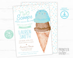 Ice Cream Twins Baby Shower Invitation Editable Template, Two Scoops (Digital Instant Download)
