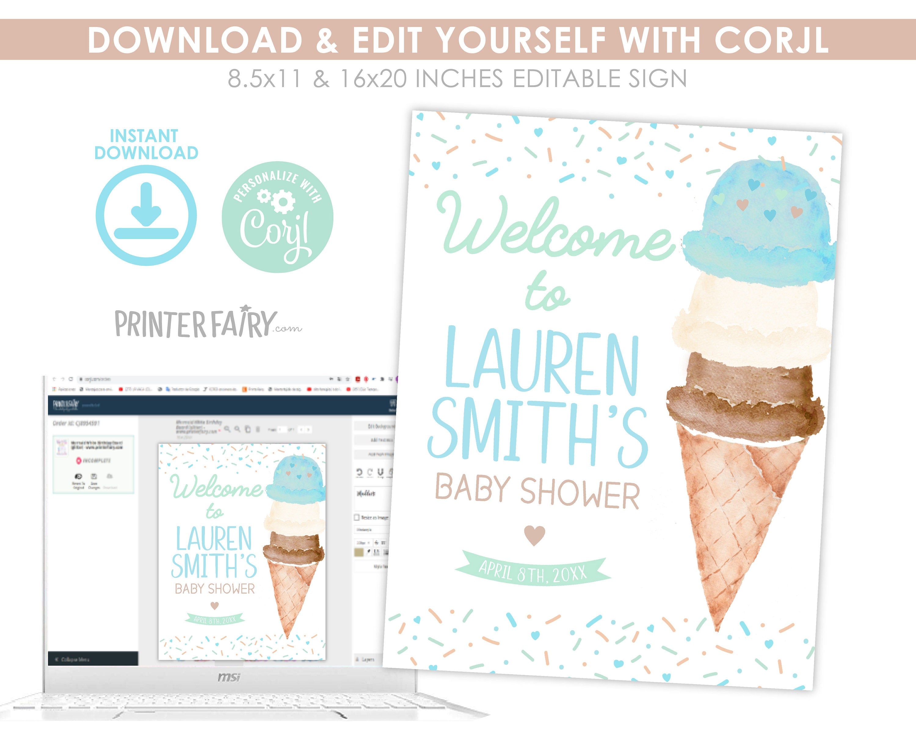 Ice Cream Baby Shower Welcome Sign Editable Template, INSTANT DOWNLOAD