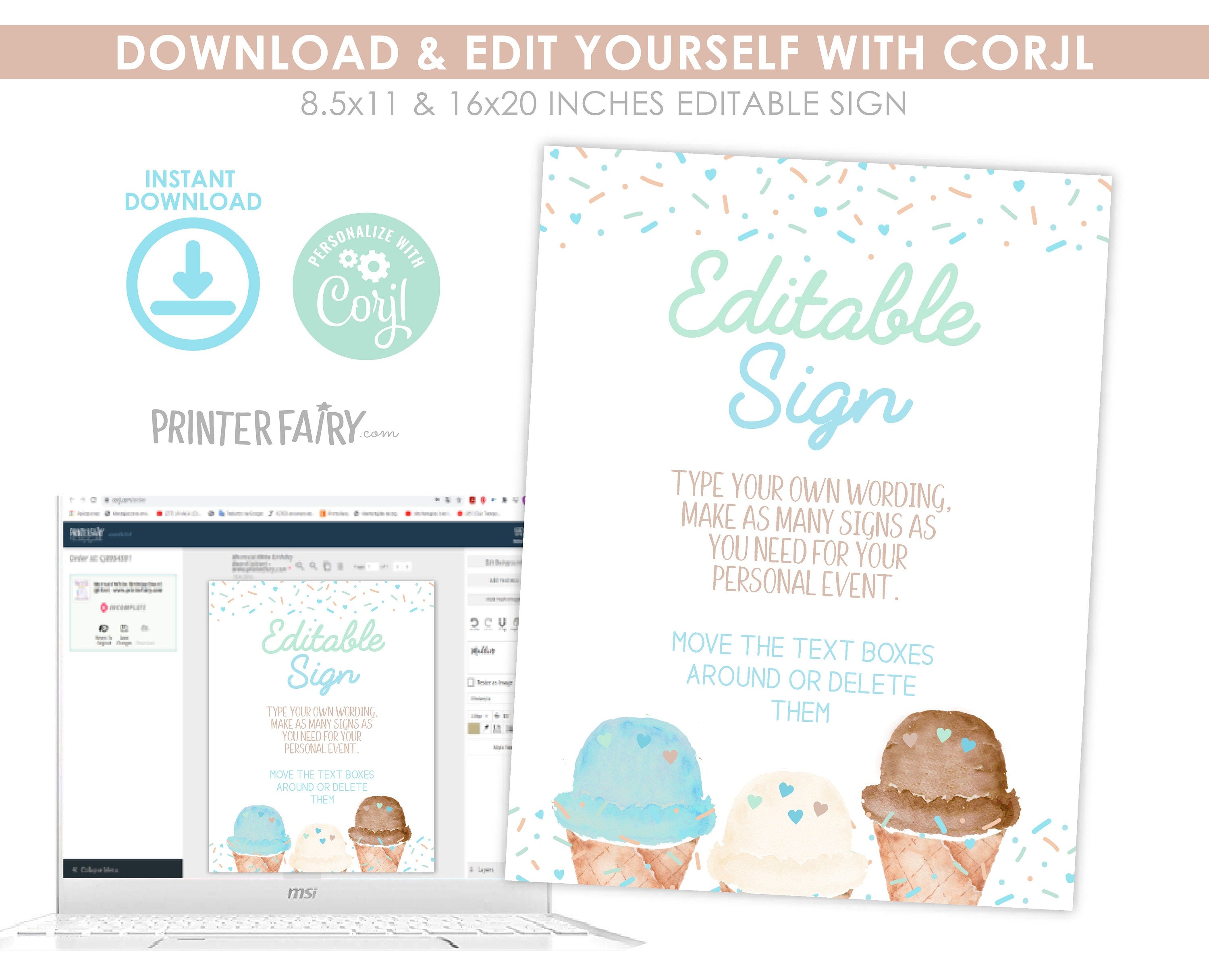 Ice Cream Baby Shower Editable Sign Template (Digital Instant Download)