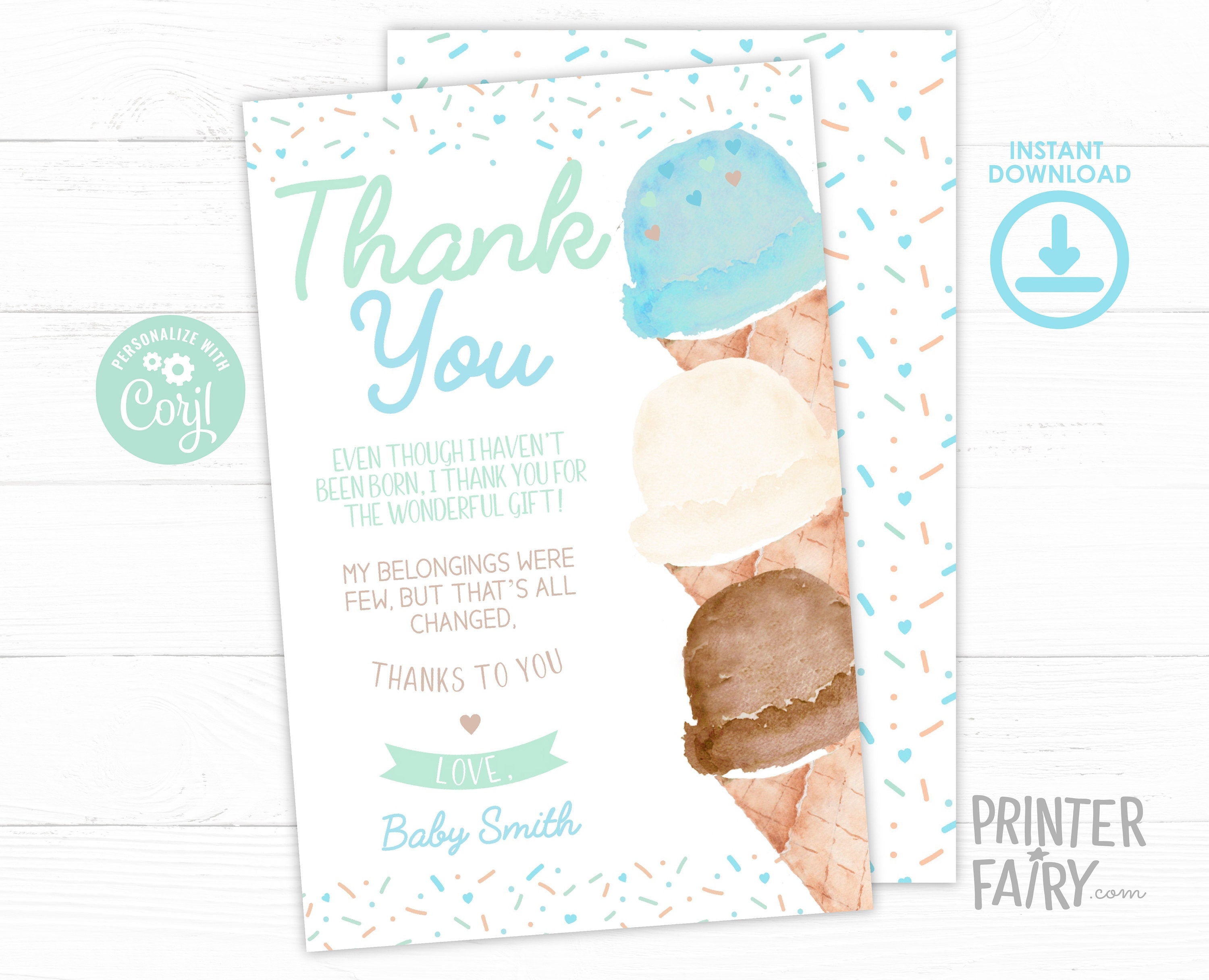 Ice Cream Baby Shower Thank You Card Editable Template, Watercolor (Digital Instant Download)
