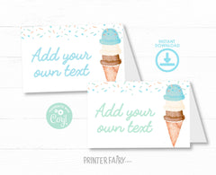 Ice Cream Food Labels, Birthday Baby Shower Tent Cards (Editable Download)