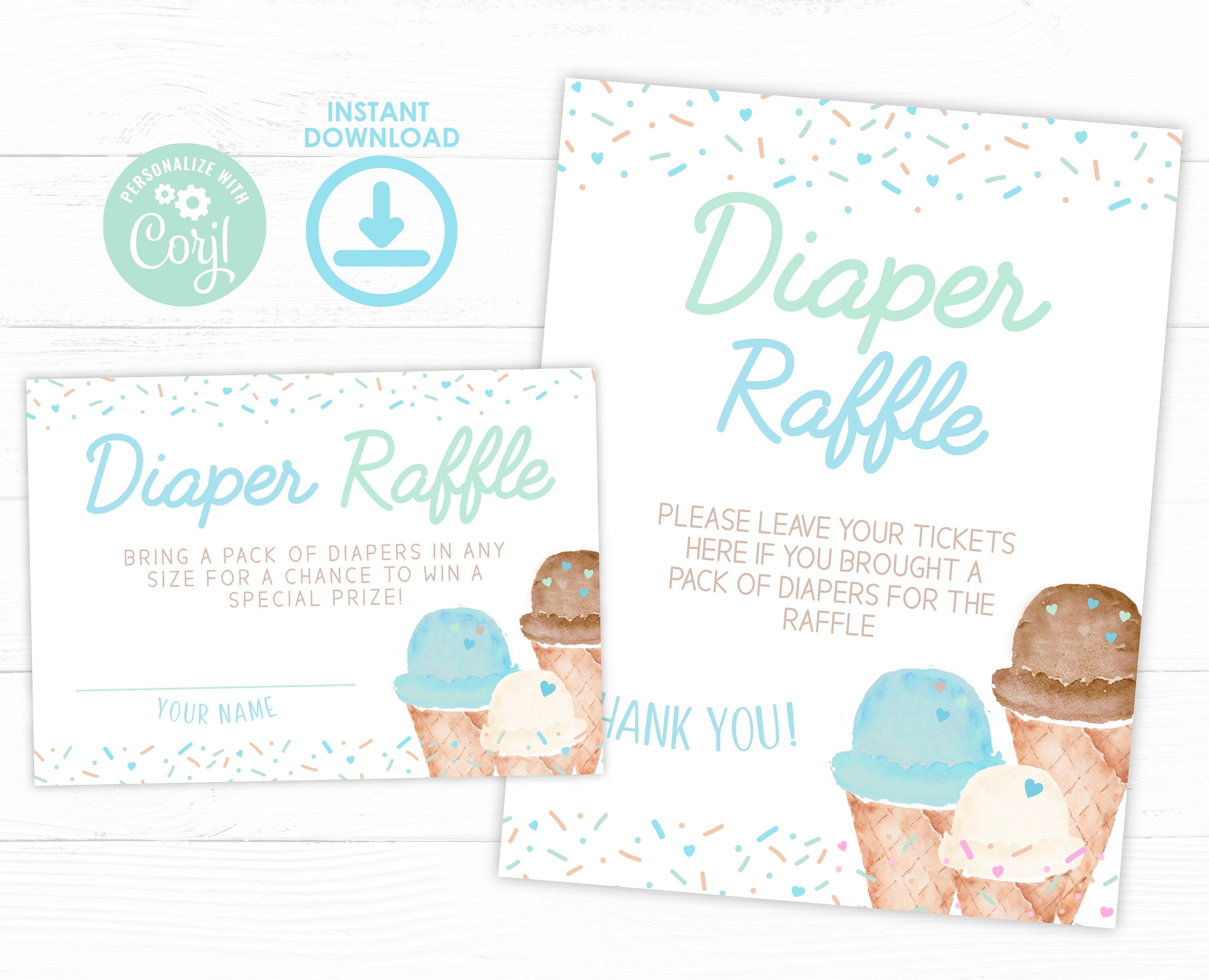 Ice Cream Diaper Raffle Sign and Cards, Baby Shower (Digital Download)