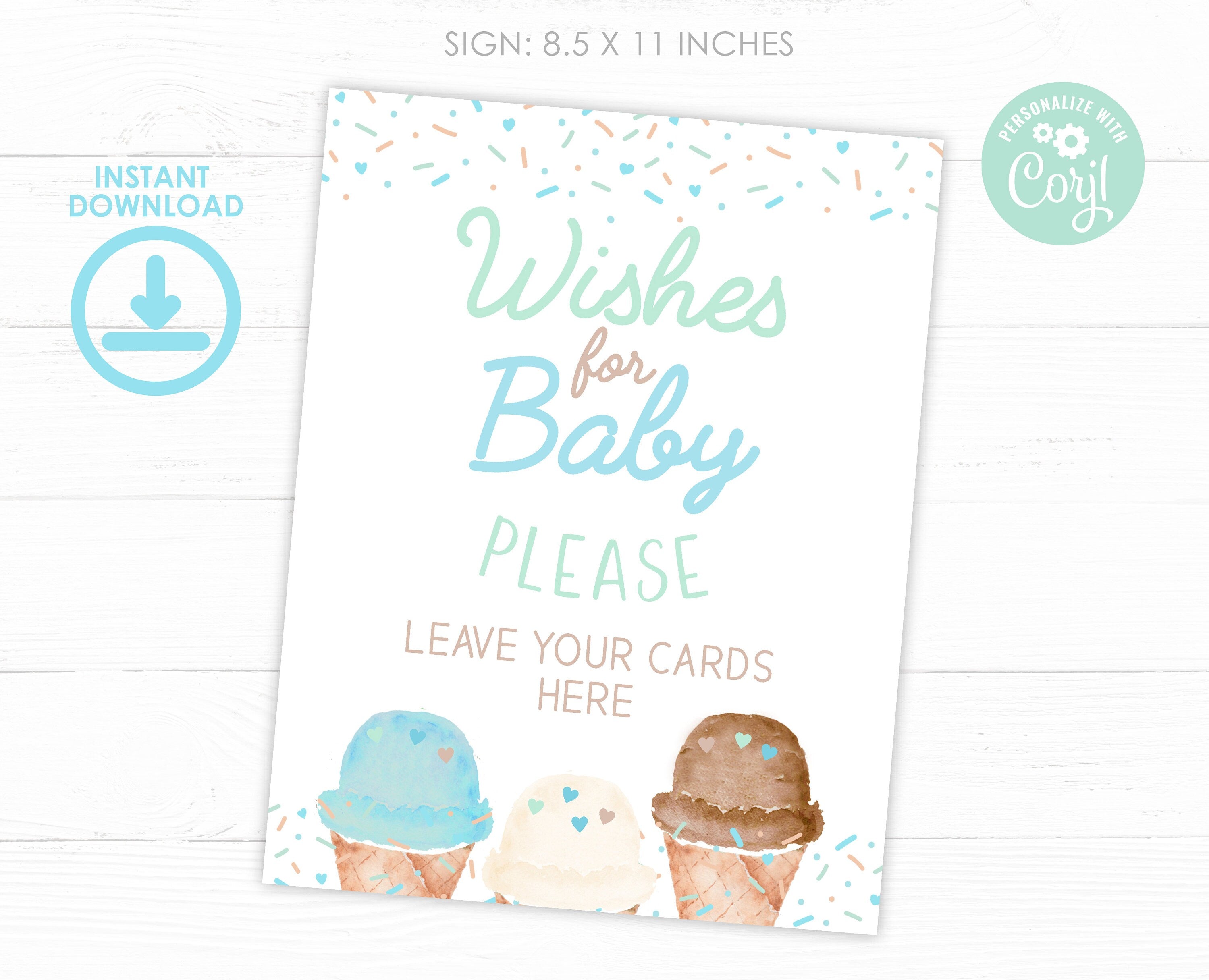 Ice Cream Baby Shower Wishes Sign and Card Templates (Digital Download)