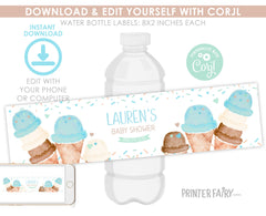 Ice Cream Baby Shower Water Bottle Label Editable Template (Digital Instant Download)