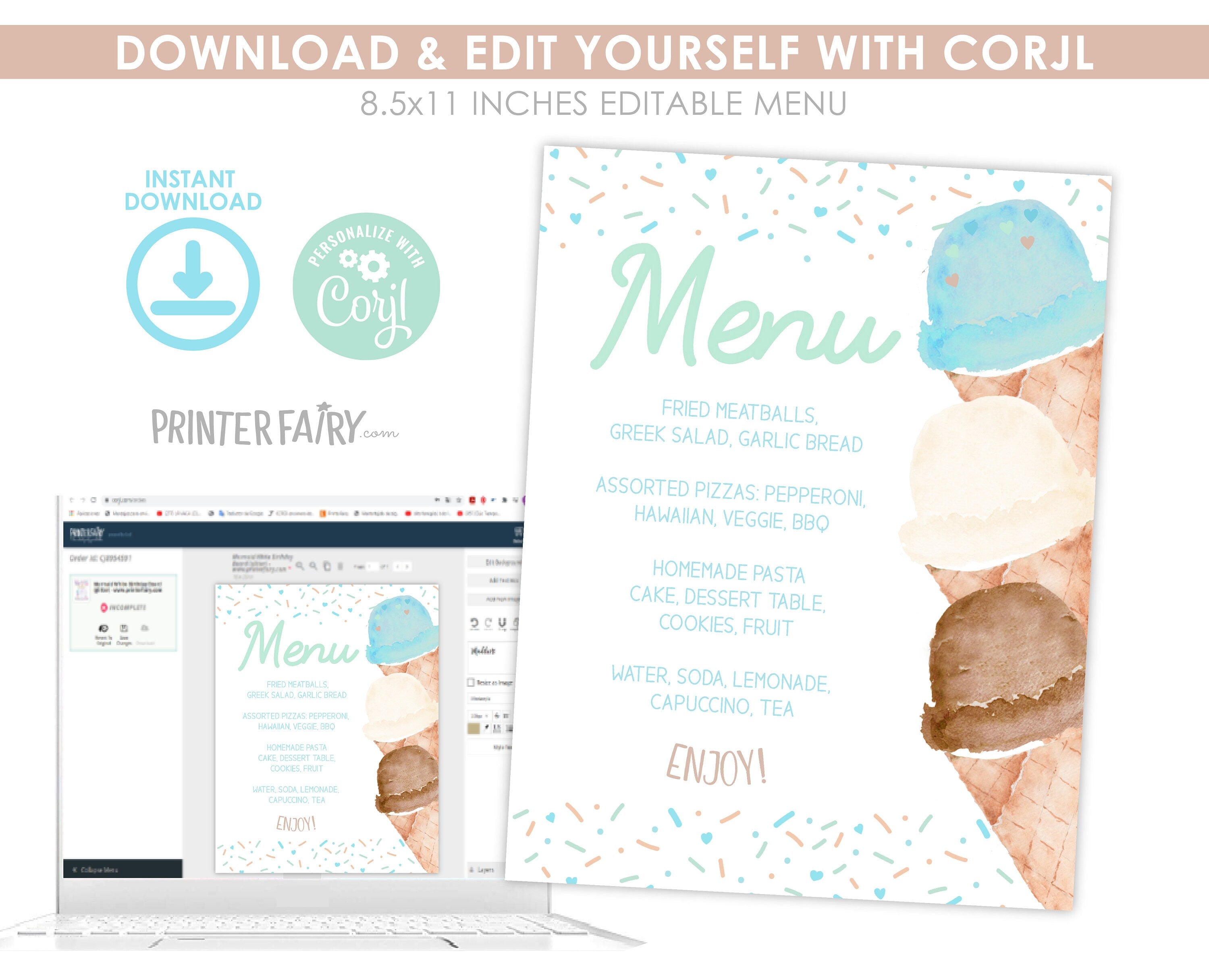 Ice Cream Baby Shower Menu Editable Template, Watercolor Food Table Sign (Digital Instant Download)