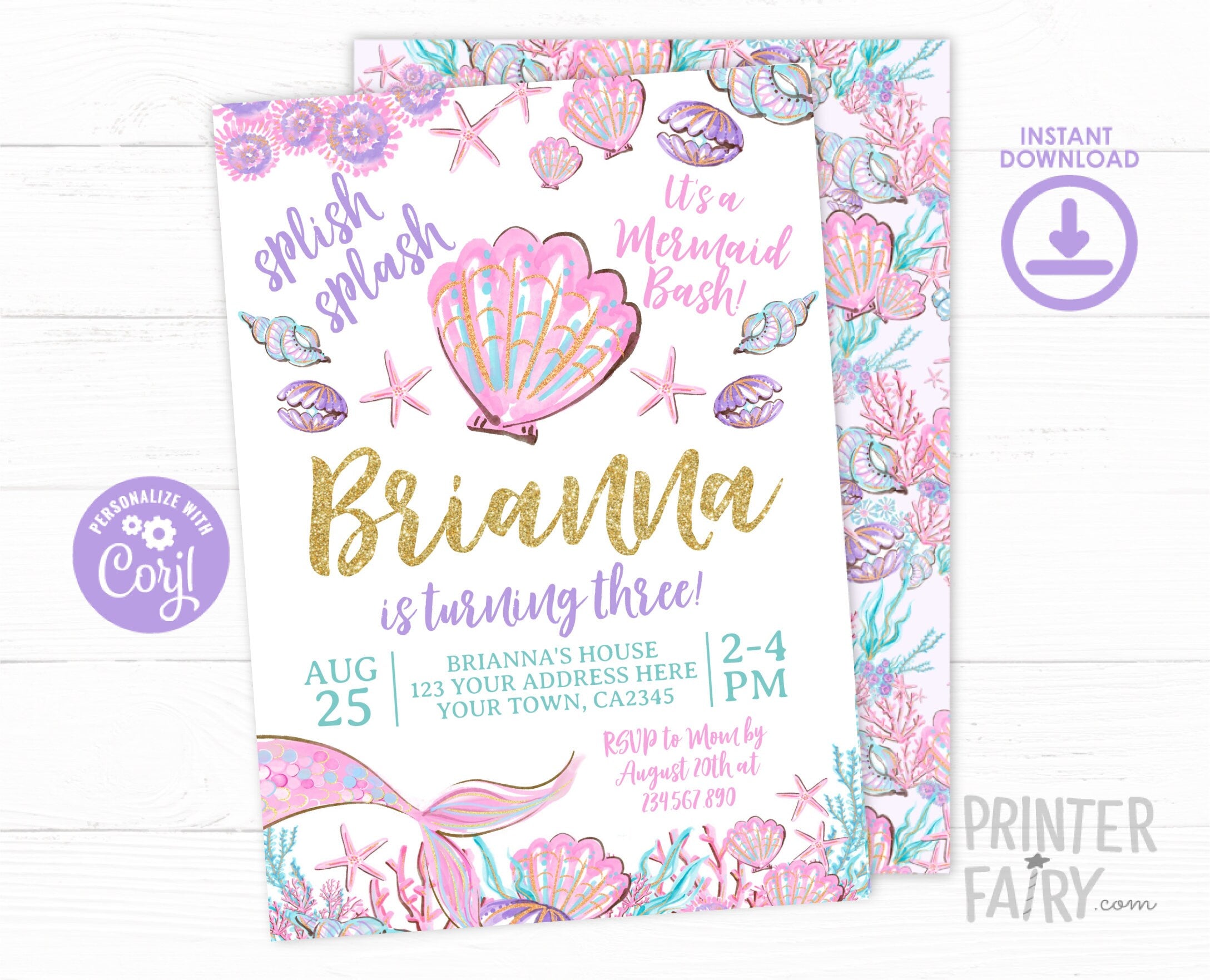 Mermaid Invitation Editable Template, Under the Sea Birthday Party Digital Invite, Instant Download