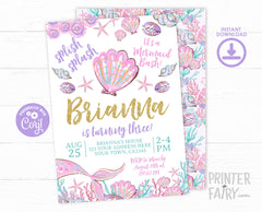 Mermaid Invitation Editable Template, Under the Sea Birthday Party Digital Invite, Instant Download