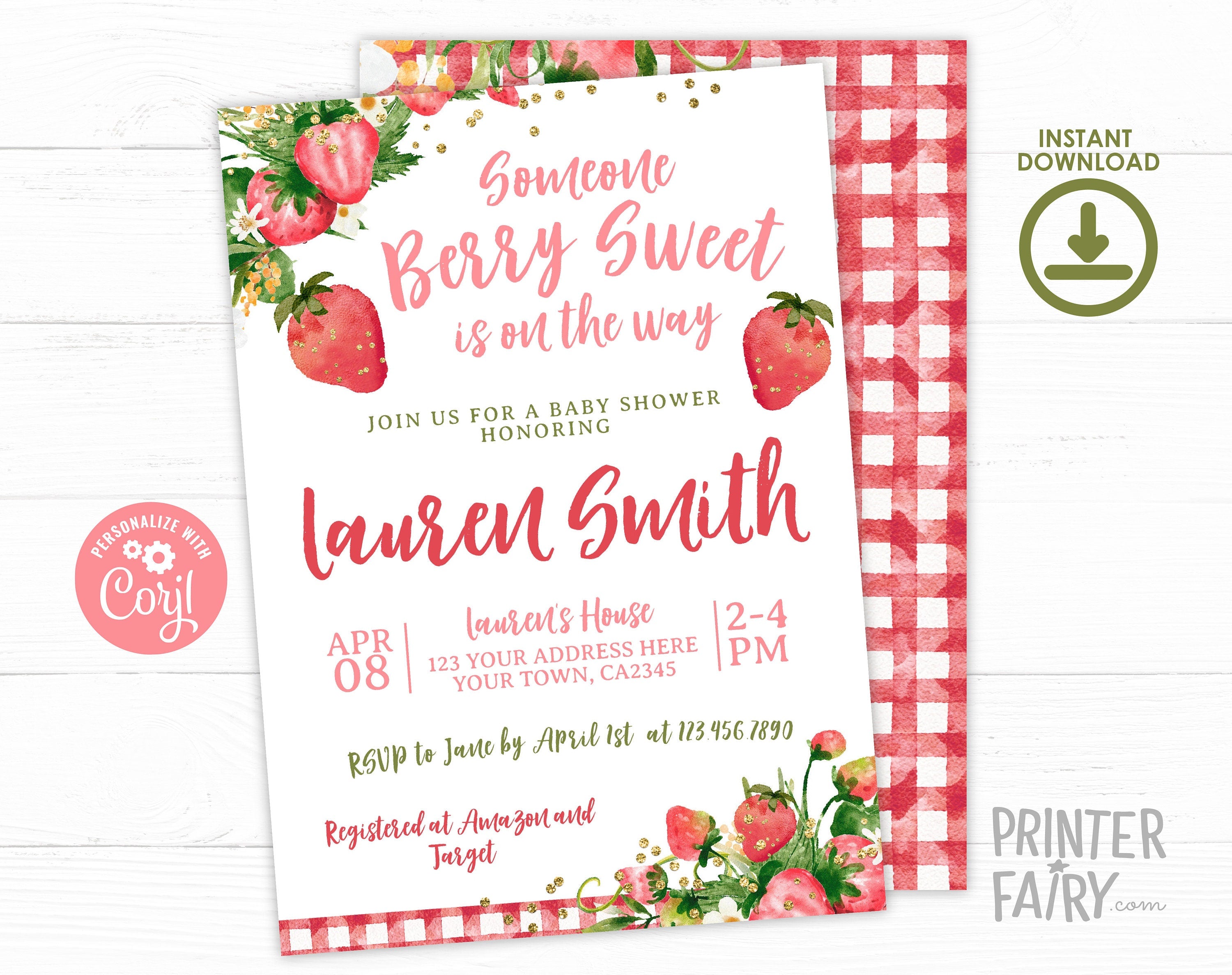 Strawberry Baby Shower Invitation, Editable "Berry Sweet" Template (Digital Download)