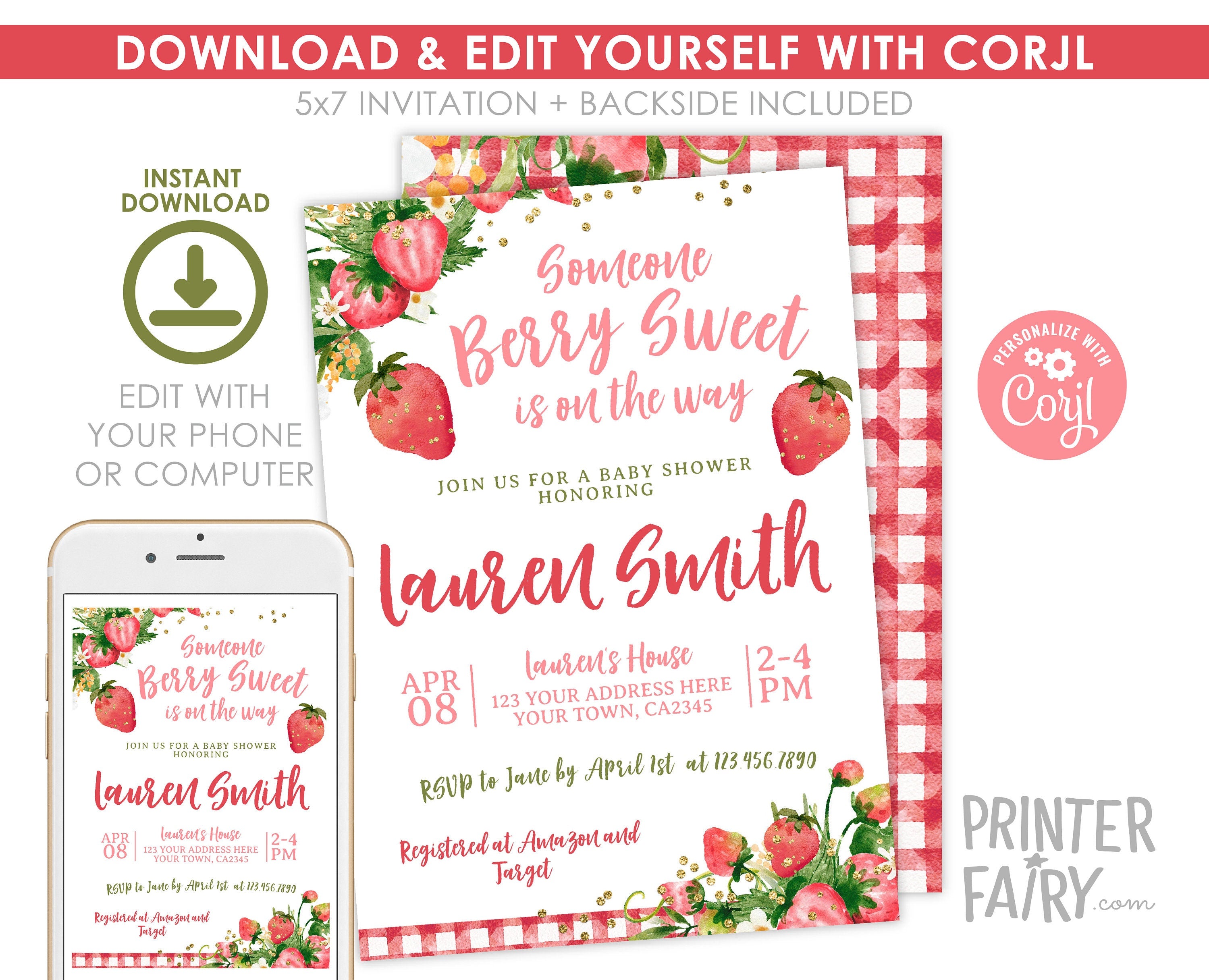 Strawberry Baby Shower Invitation, Editable "Berry Sweet" Template (Digital Download)