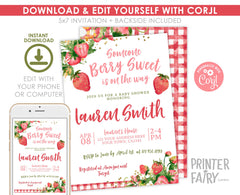 Strawberry Baby Shower Invitation, Editable "Berry Sweet" Template (Digital Download)