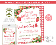 Strawberry Baby Shower Invitation, Editable "Berry Sweet" Template (Digital Download)