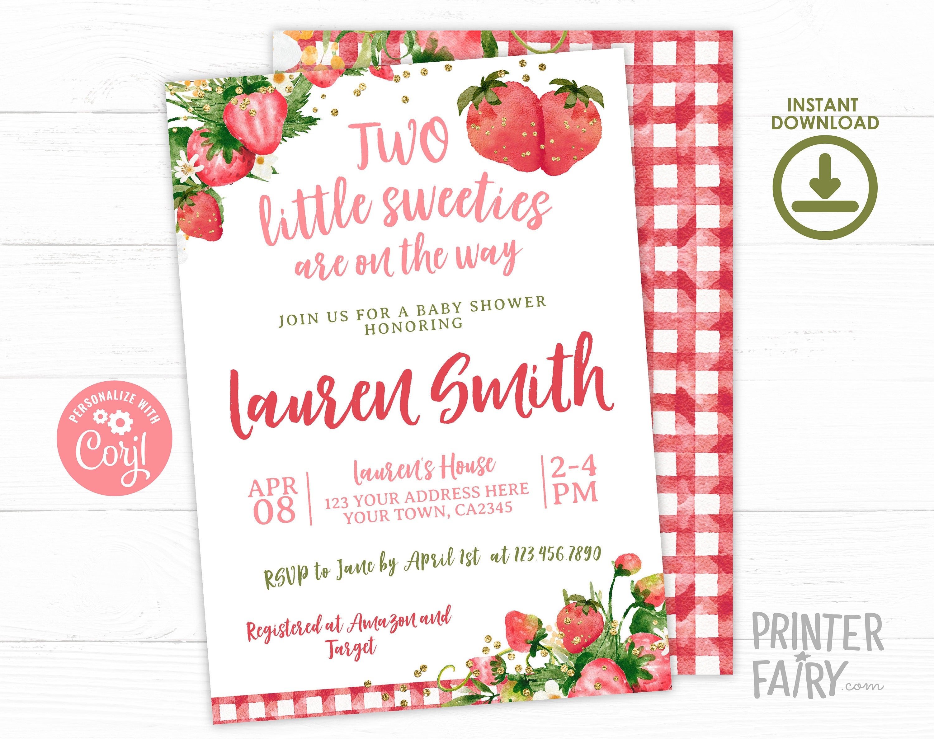 Strawberry Twins Baby Shower Invitation, Two Little Sweeties (Digital Download)