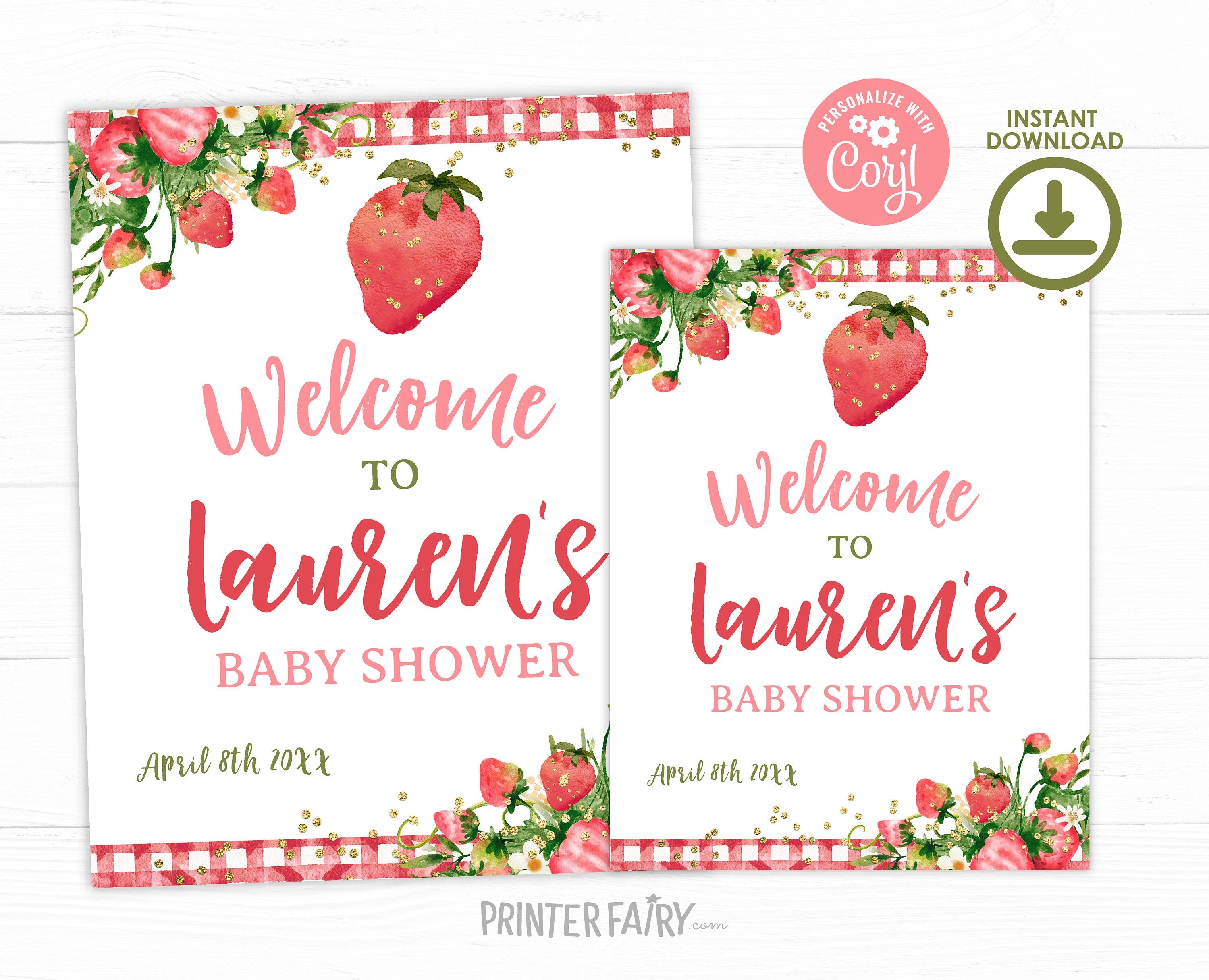 Strawberry Baby Shower Welcome Sign, Editable "Berry Sweet" Theme (Digital Download)