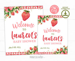 Strawberry Baby Shower Welcome Sign, Editable "Berry Sweet" Theme (Digital Download)