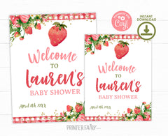 Strawberry Baby Shower Welcome Sign, Editable "Berry Sweet" Theme (Digital Download)