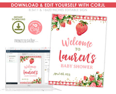 Strawberry Baby Shower Welcome Sign, Editable "Berry Sweet" Theme (Digital Download)