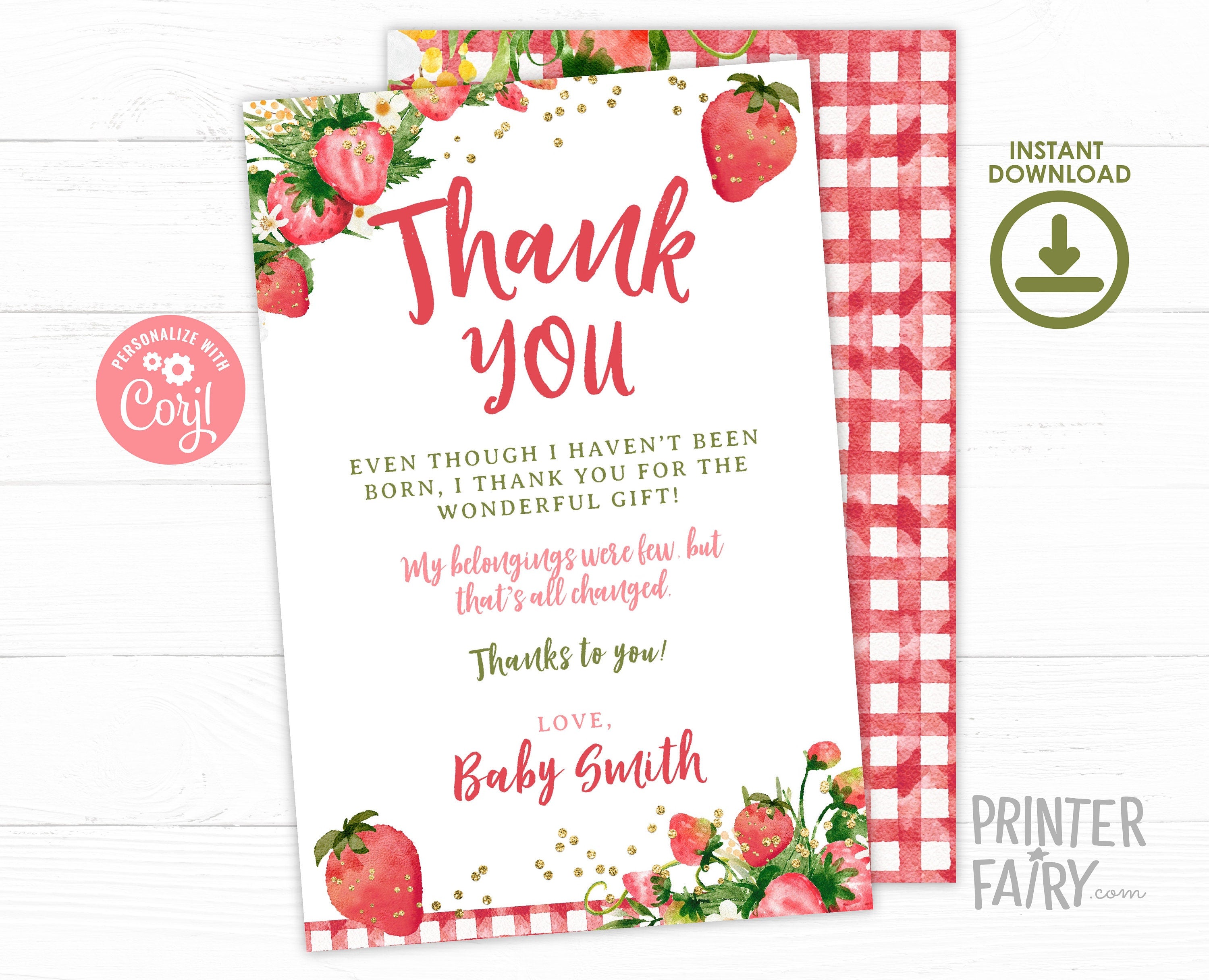 Strawberry Baby Shower Thank You Card, Editable (Digital Download)
