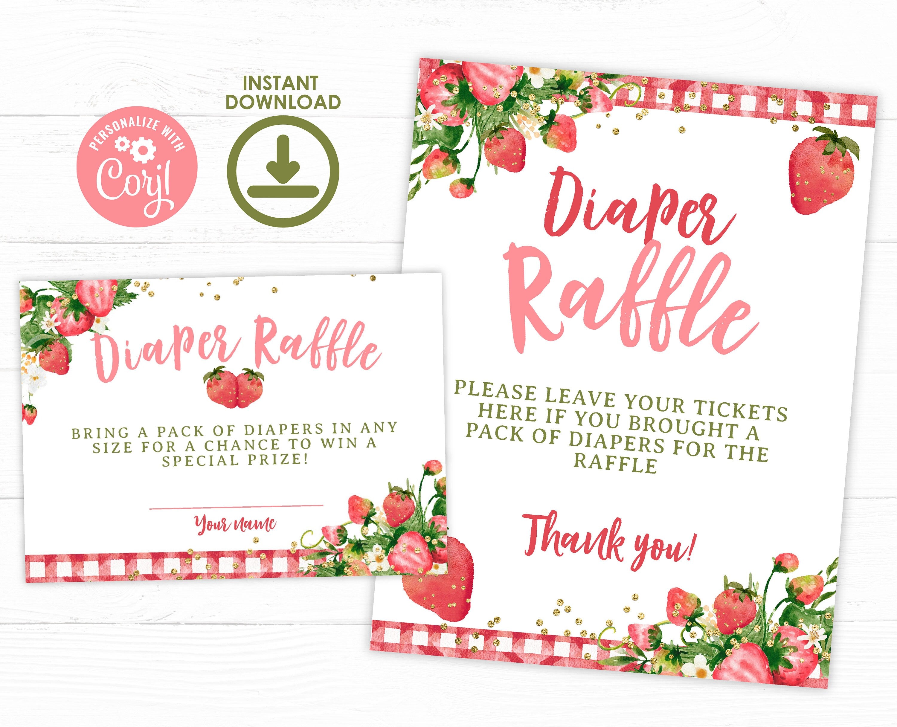 Strawberry Baby Shower Diaper Raffle Sign and Cards (Digital Download)