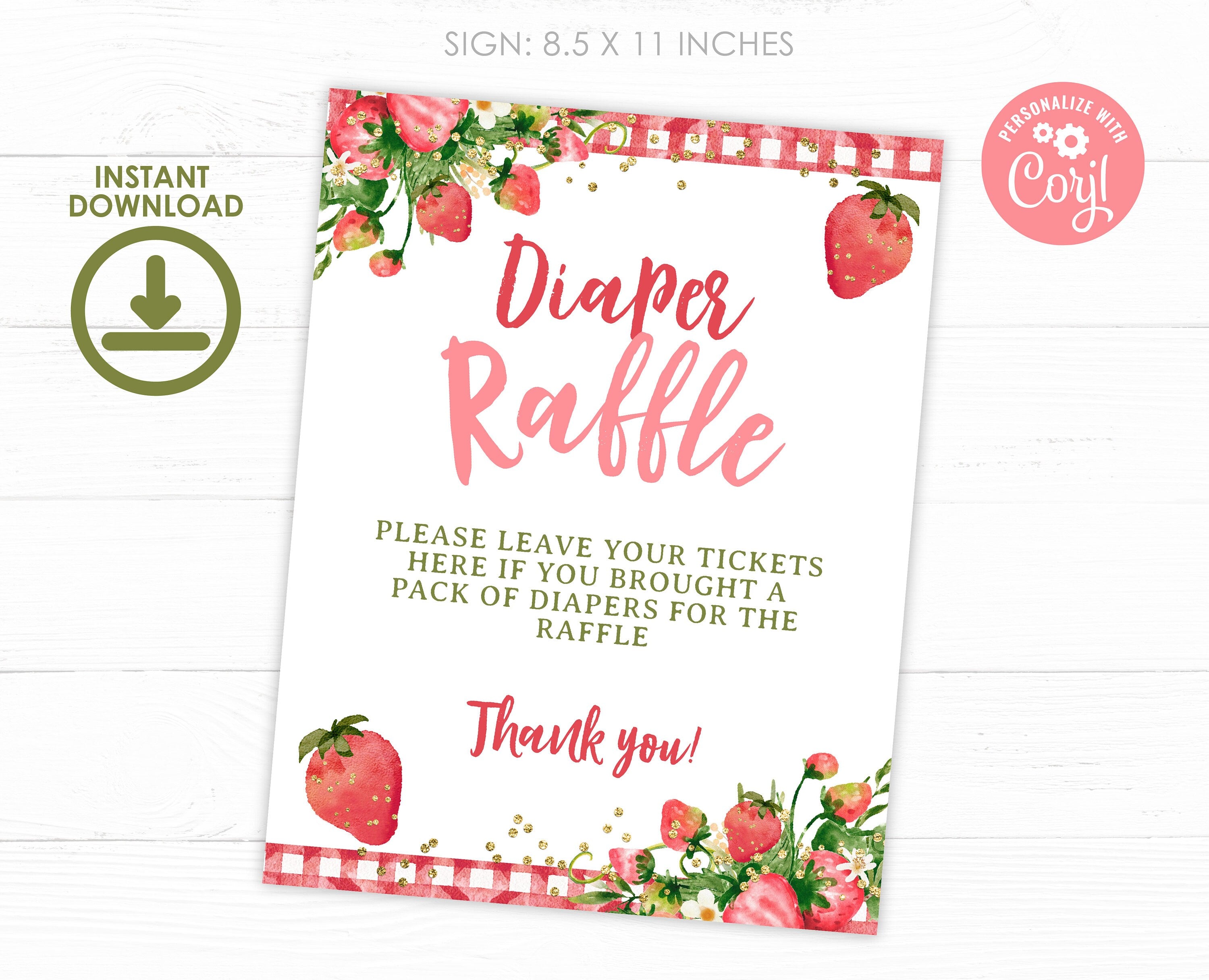 Strawberry Baby Shower Diaper Raffle Sign and Cards (Digital Download)