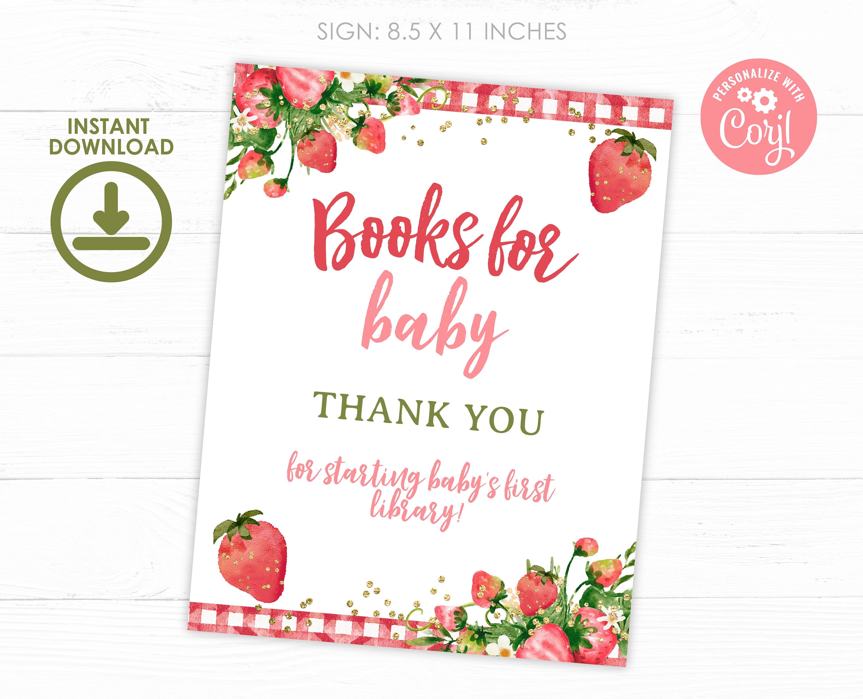 Strawberry Baby Shower Books for Baby Sign (Digital Download)