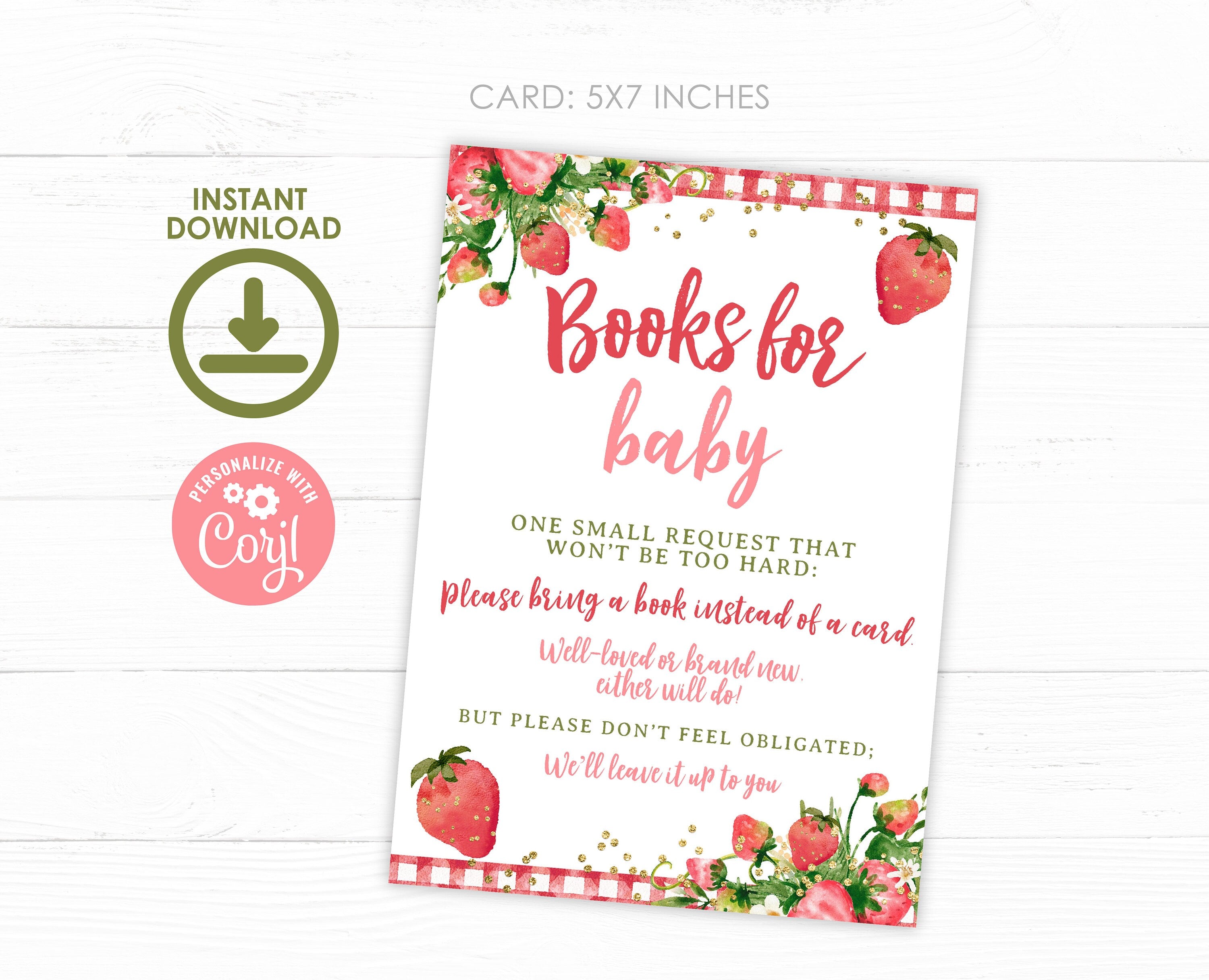 Strawberry Baby Shower Books for Baby Sign (Digital Download)