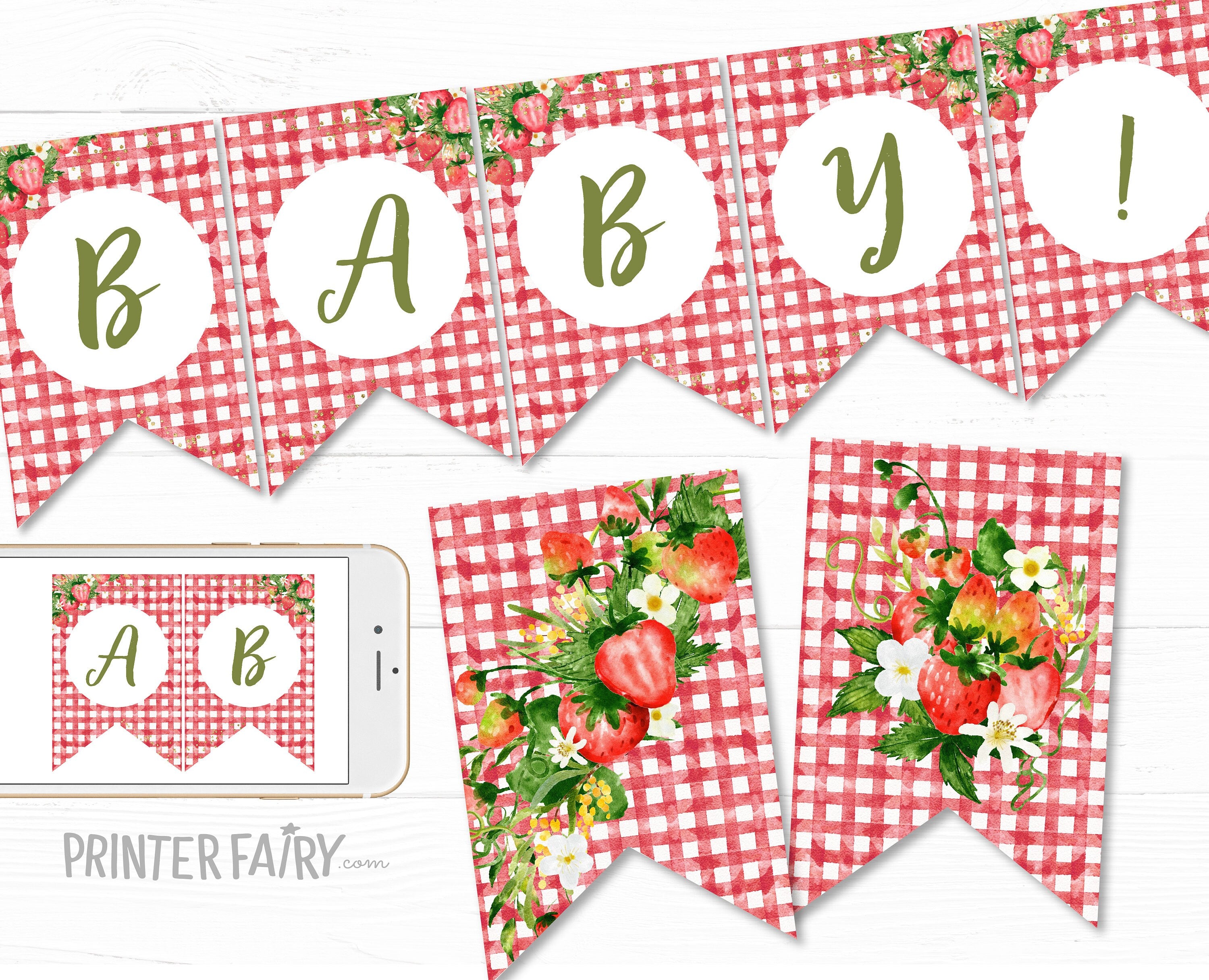 Strawberry Baby Shower Banner, Editable Party Decoration (Digital Item)