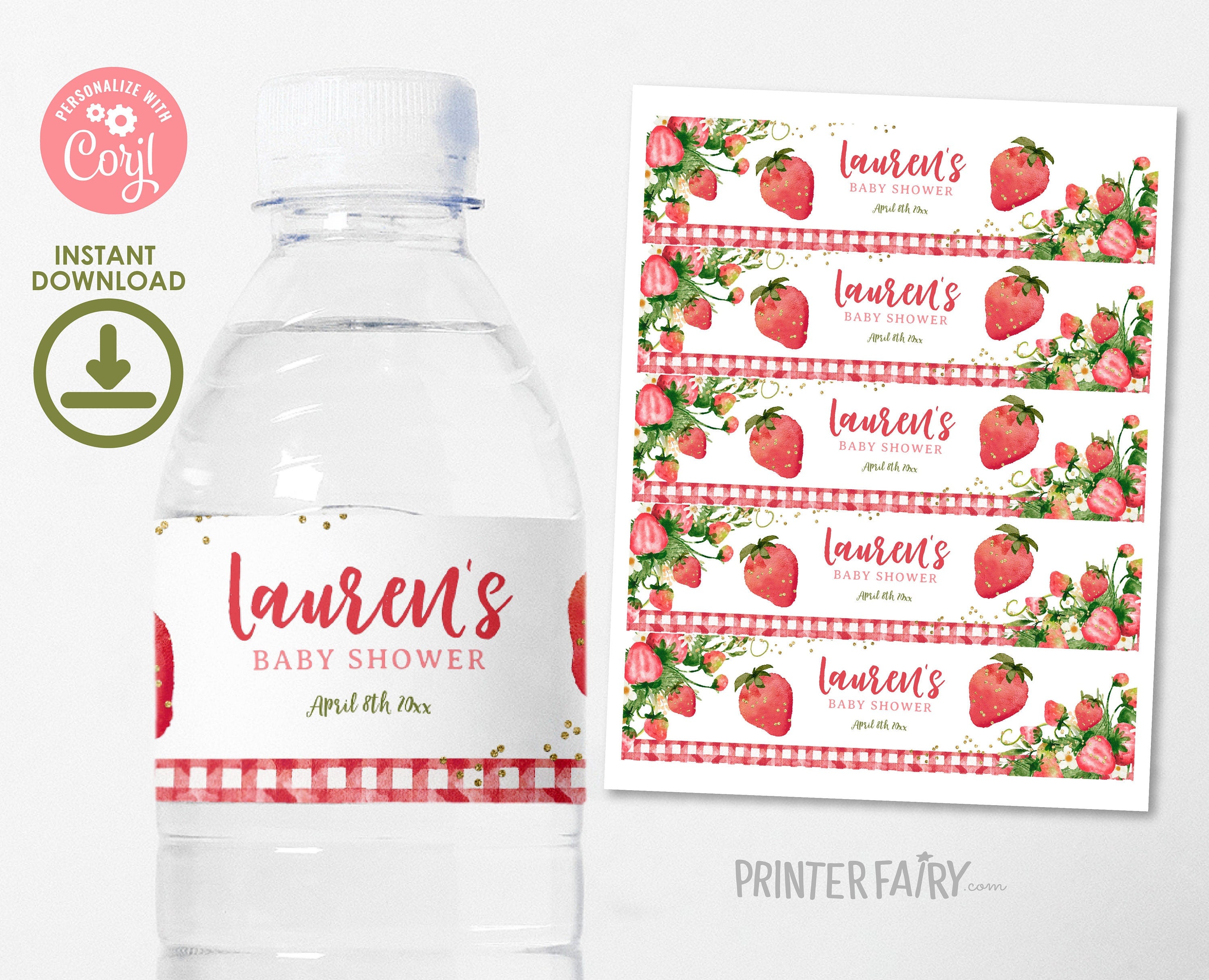 Strawberry Baby Shower Water Bottle Labels, Editable Party Decor (Digital Download)
