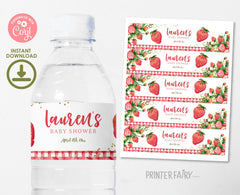 Strawberry Baby Shower Water Bottle Labels, Editable Party Decor (Digital Download)