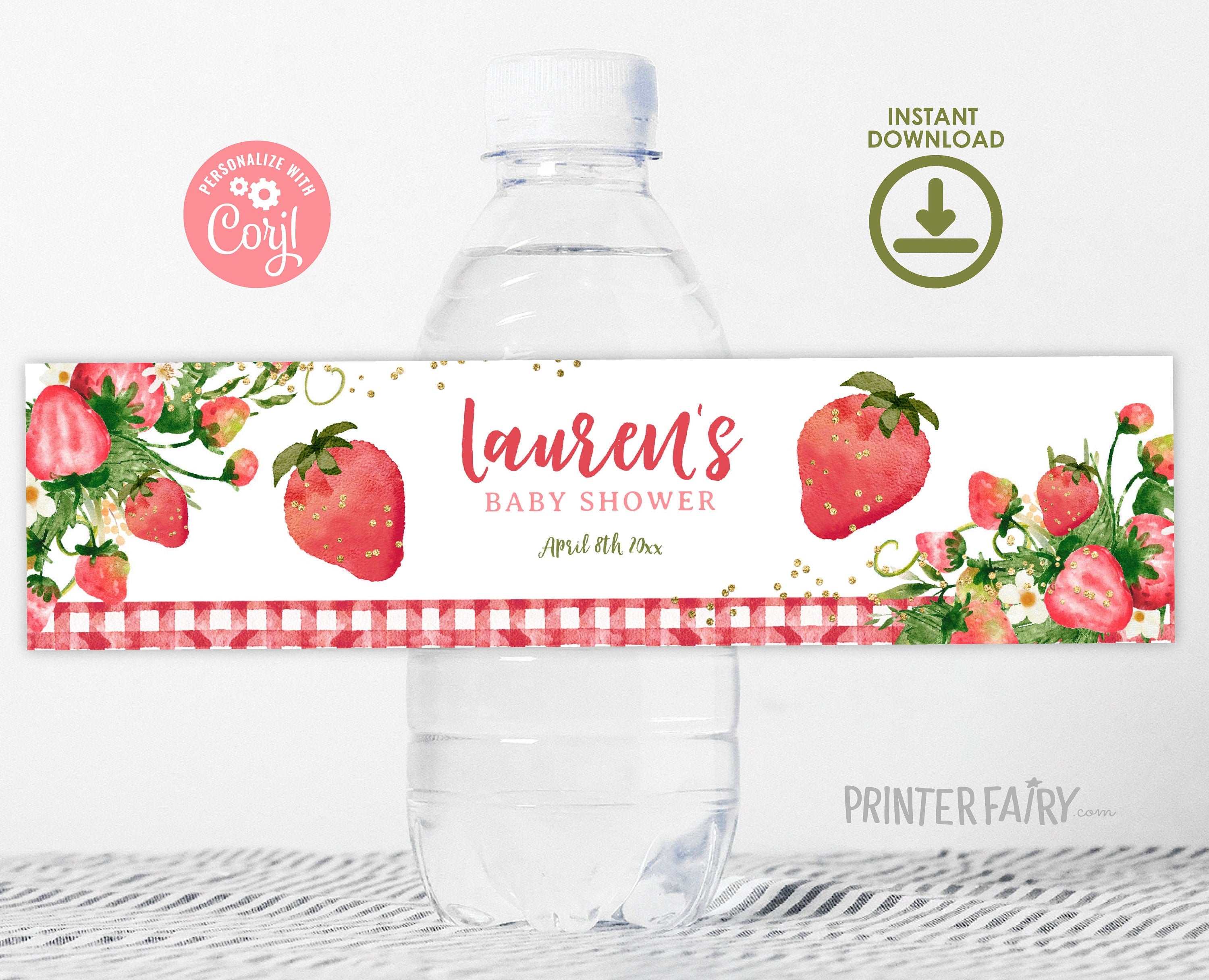 Strawberry Baby Shower Water Bottle Labels, Editable Party Decor (Digital Download)