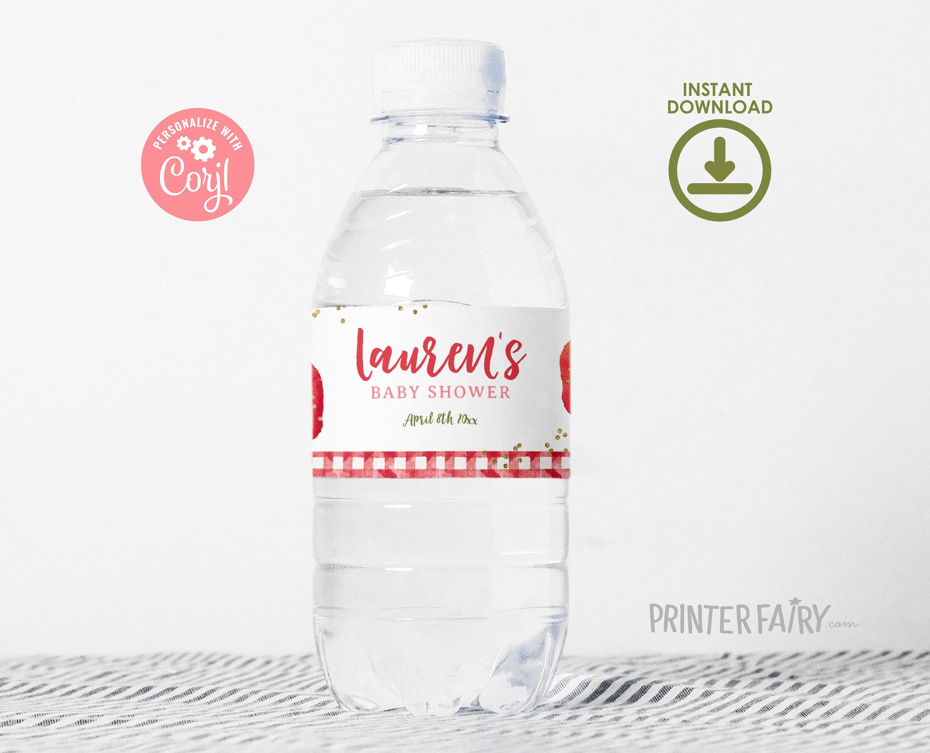 Strawberry Baby Shower Water Bottle Labels, Editable Party Decor (Digital Download)