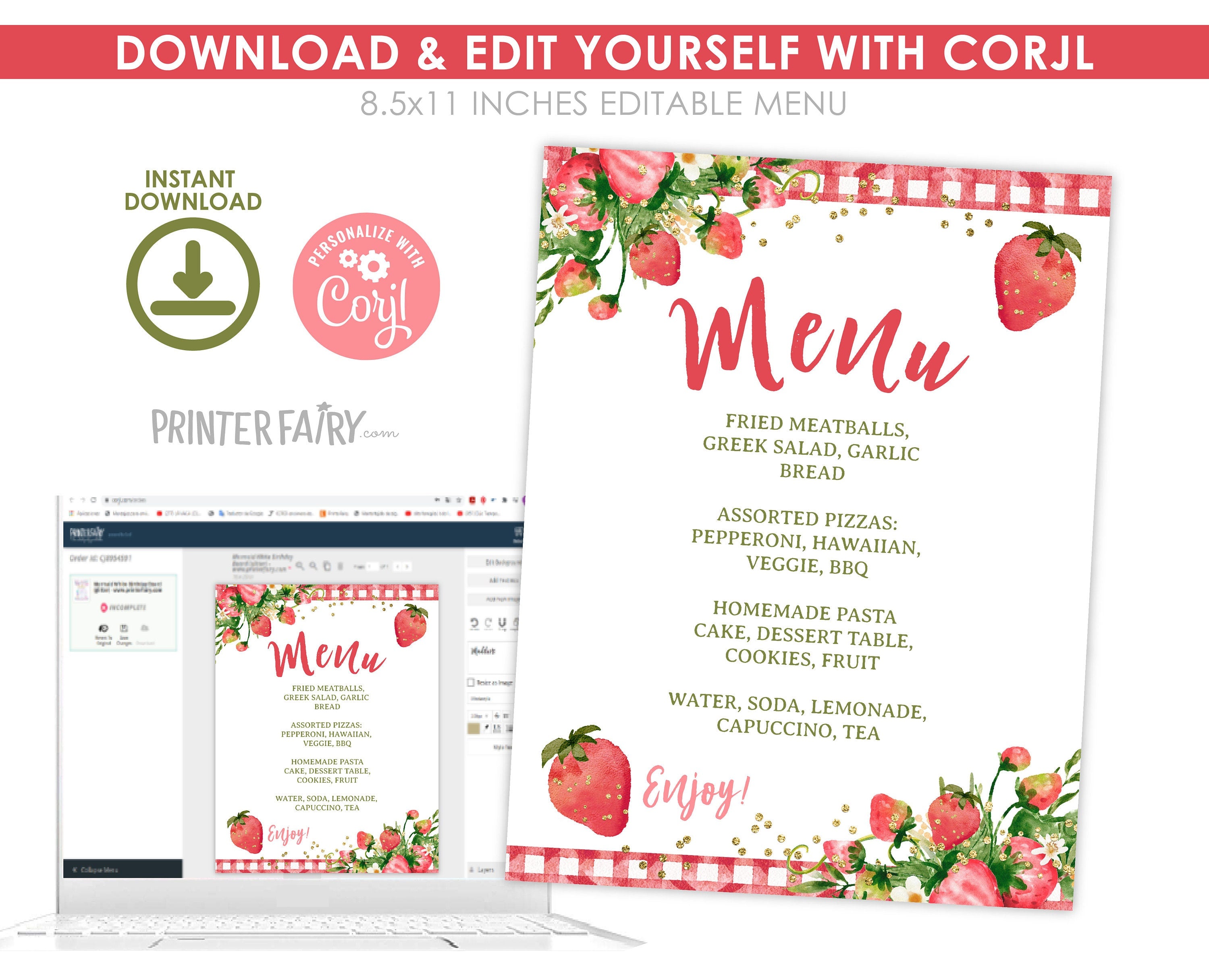 Strawberry Baby Shower Menu Sign Editable Template INSTANT DOWNLOAD