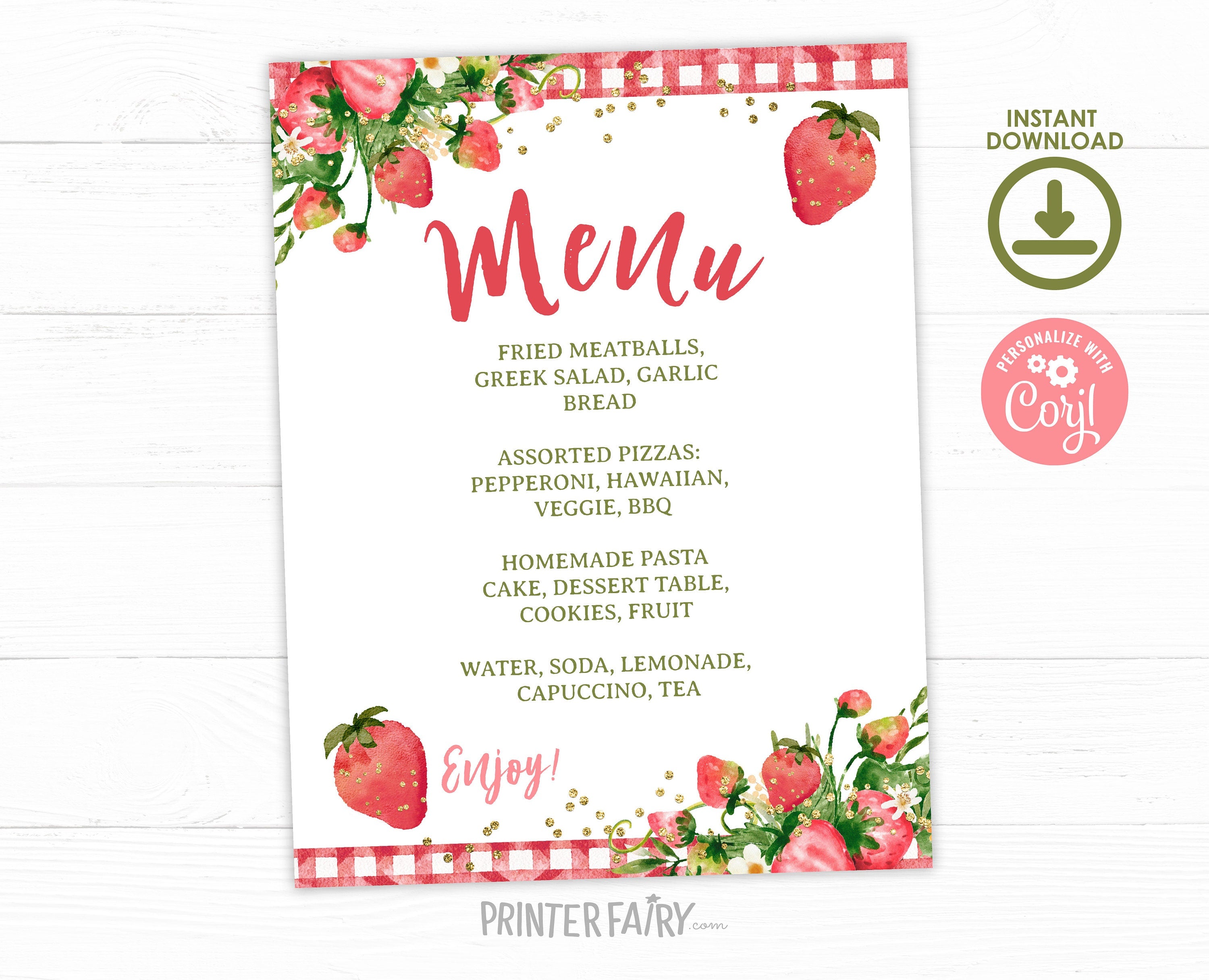 Strawberry Baby Shower Menu Sign Editable Template INSTANT DOWNLOAD