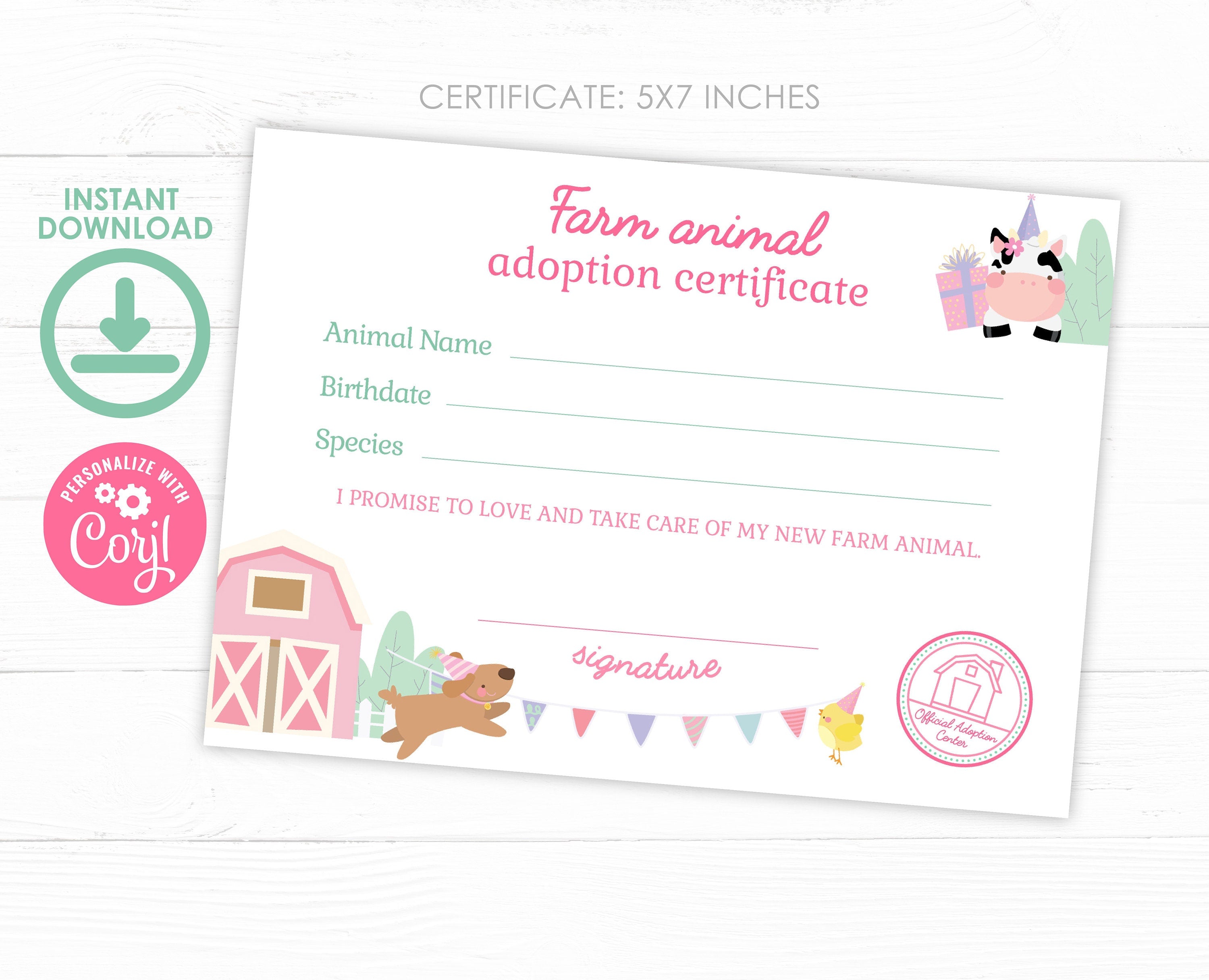 Farm Animals Adoption Pack, Editable Birthday Party Decor (Digital Item)