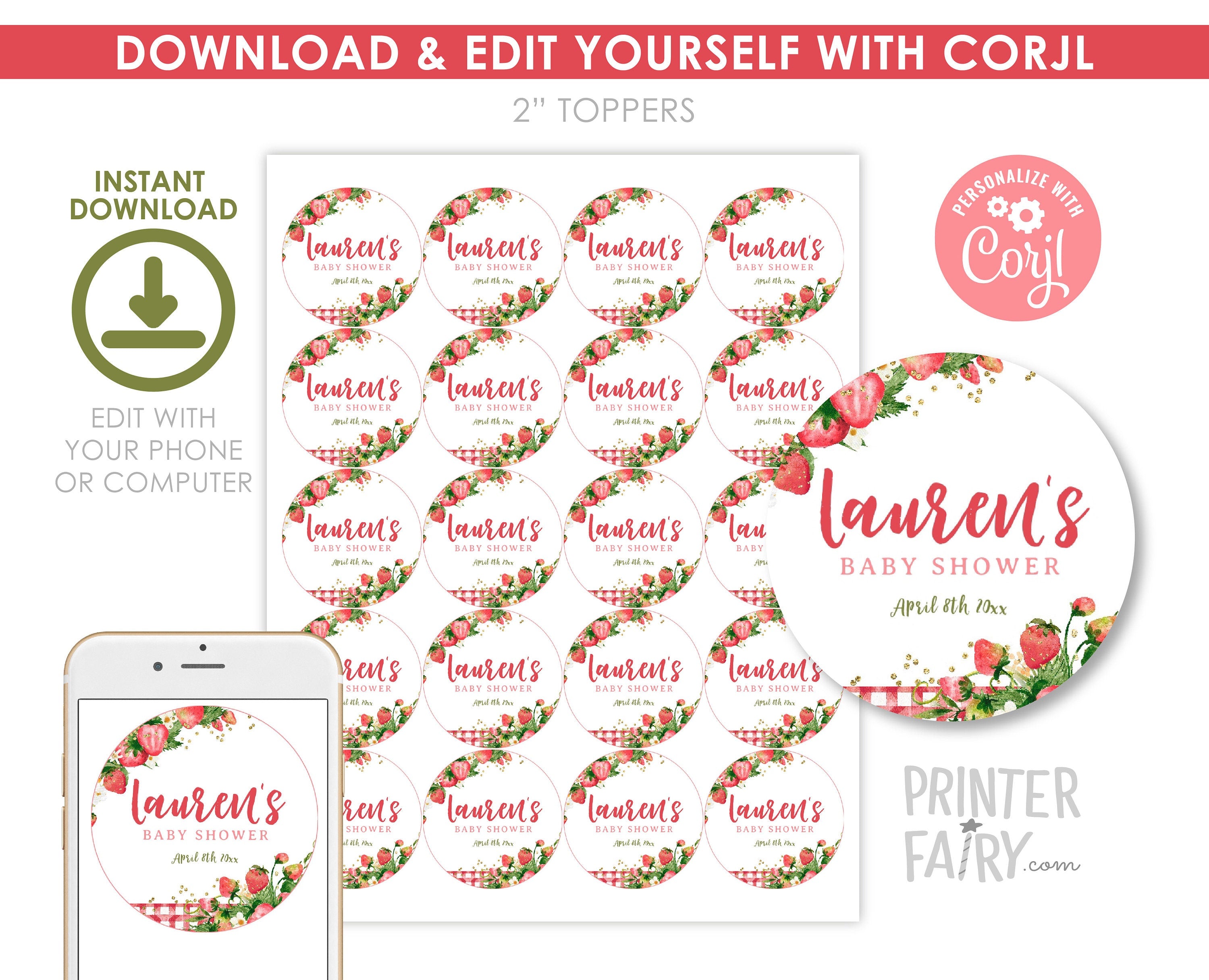 Strawberry Baby Shower Cupcake Toppers, Editable Round Labels (Digital Download)