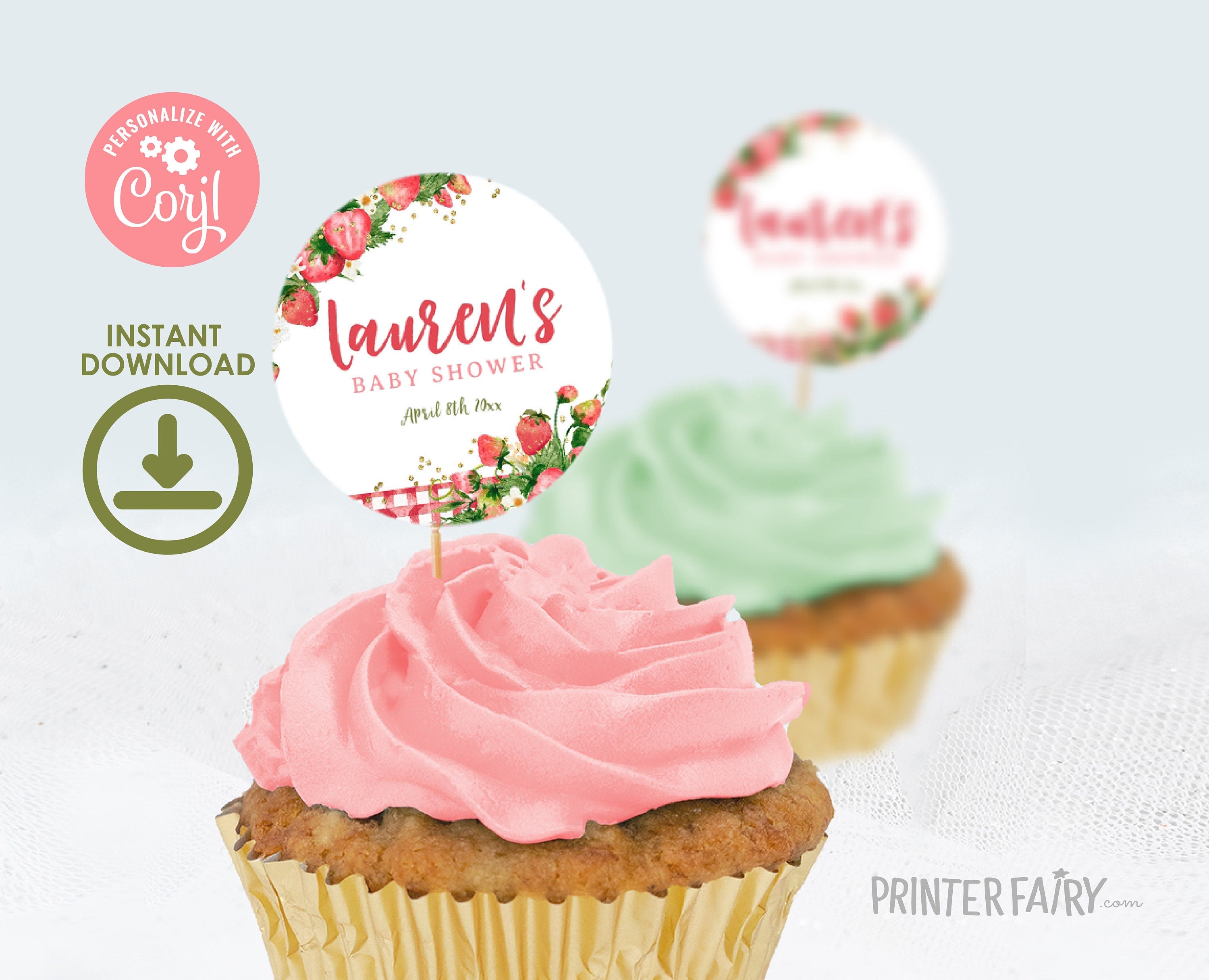 Strawberry Baby Shower Cupcake Toppers, Editable Round Labels (Digital Download)