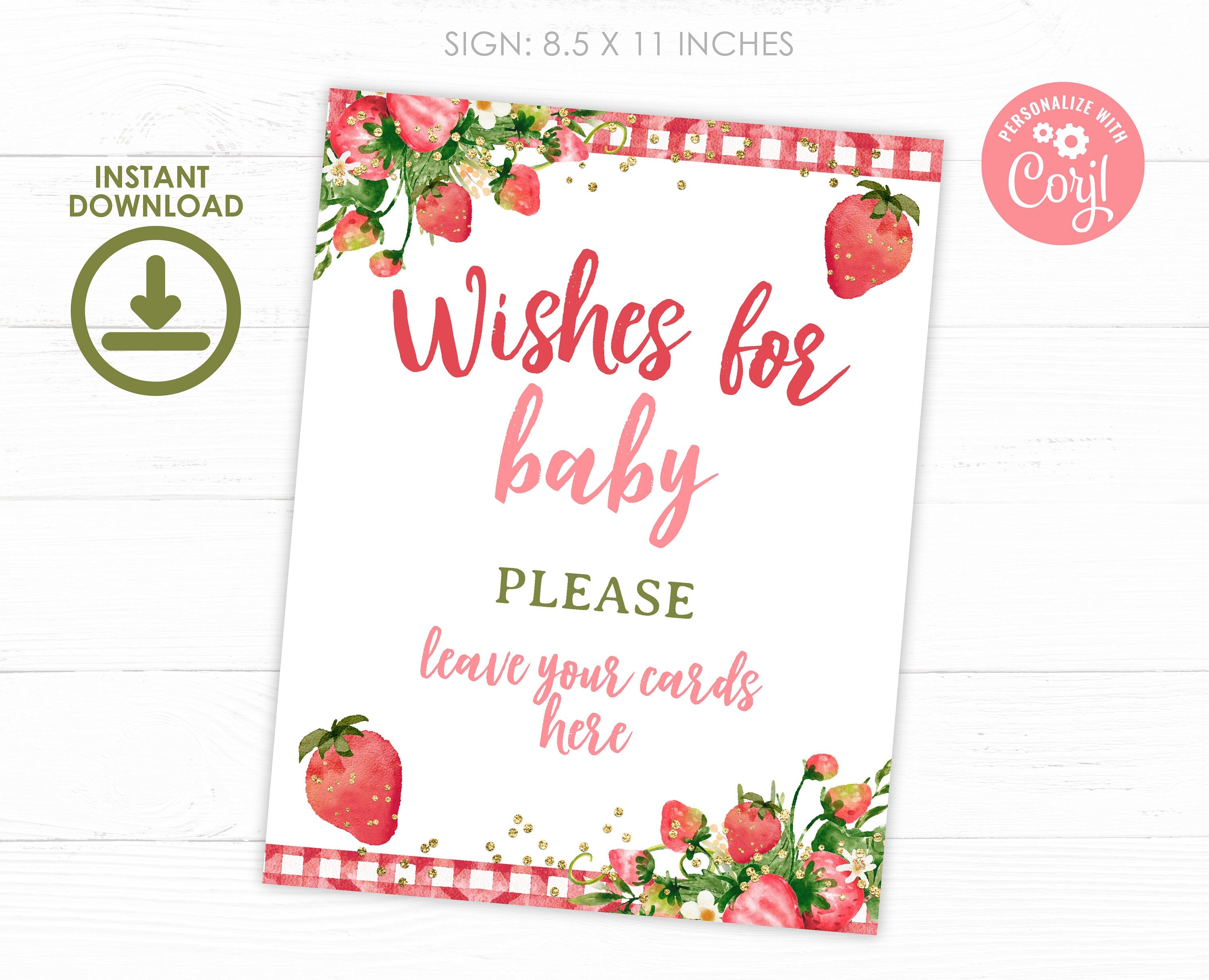 Strawberry Baby Shower Game, Editable Wishes for Baby Cards (Digital Download)