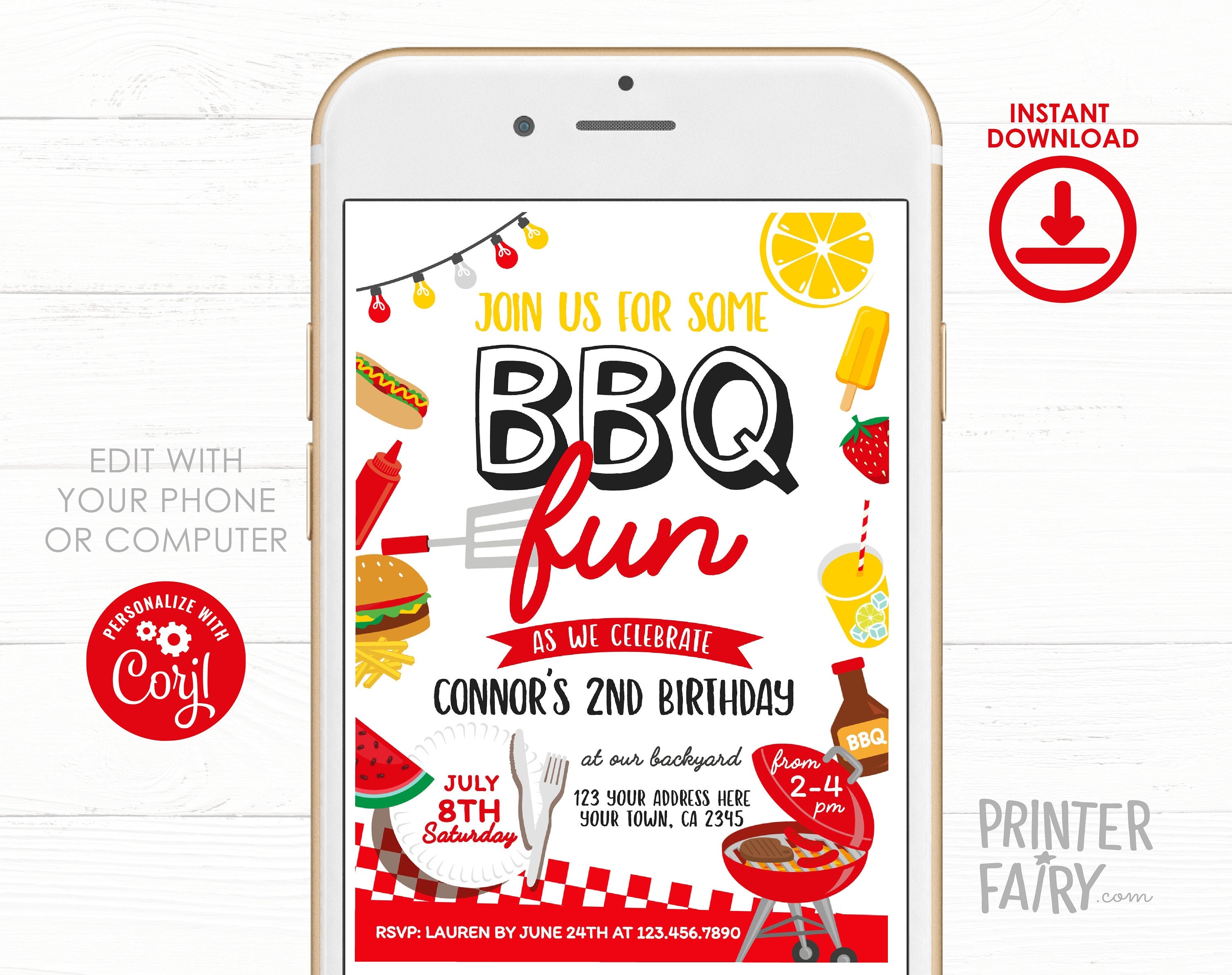 BBQ Birthday Party Invitation Editable Template for any age, Digital or Printable, Instant Download