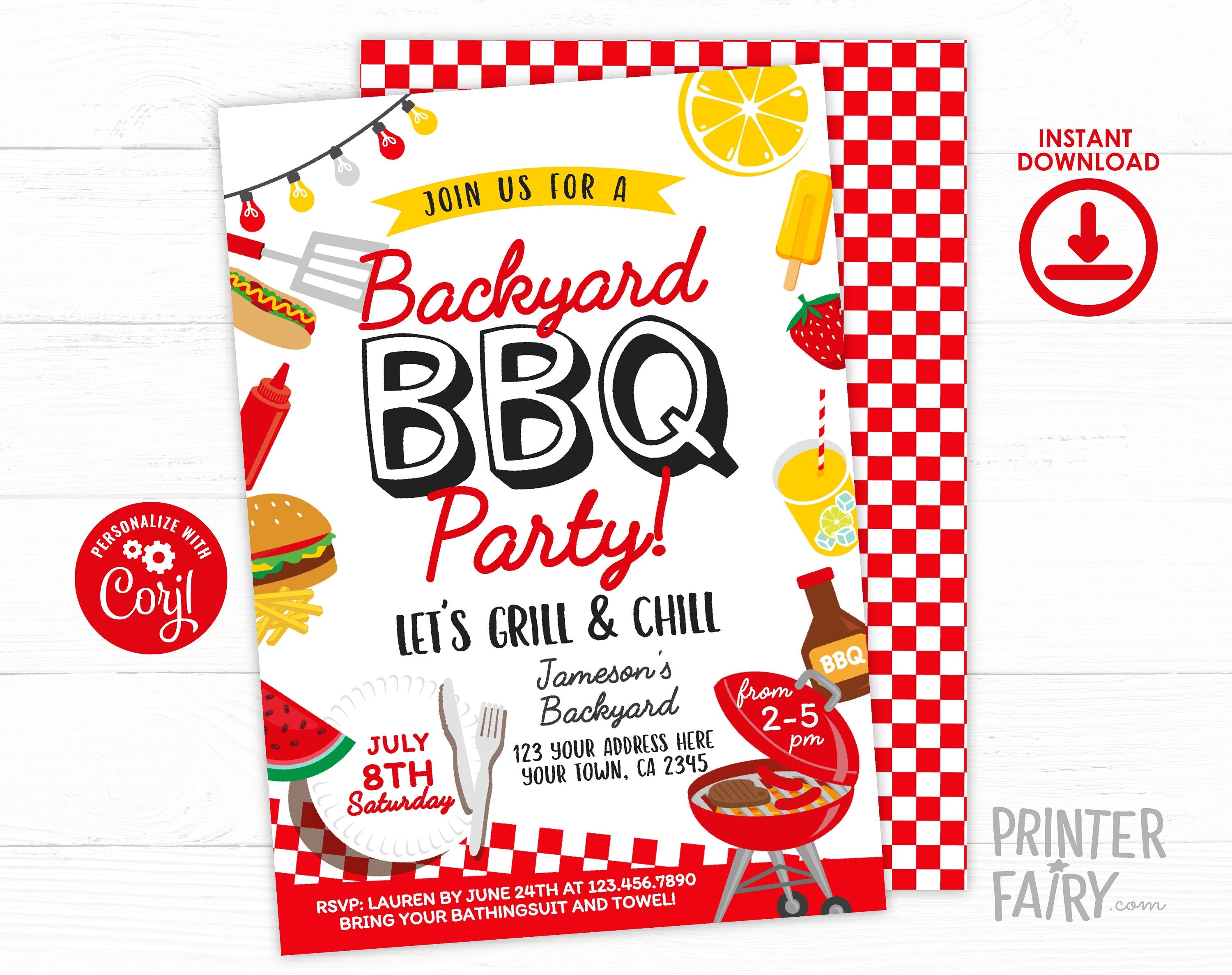 BBQ Party Invitation Editable Template, Digital Printable Design, Instant Download