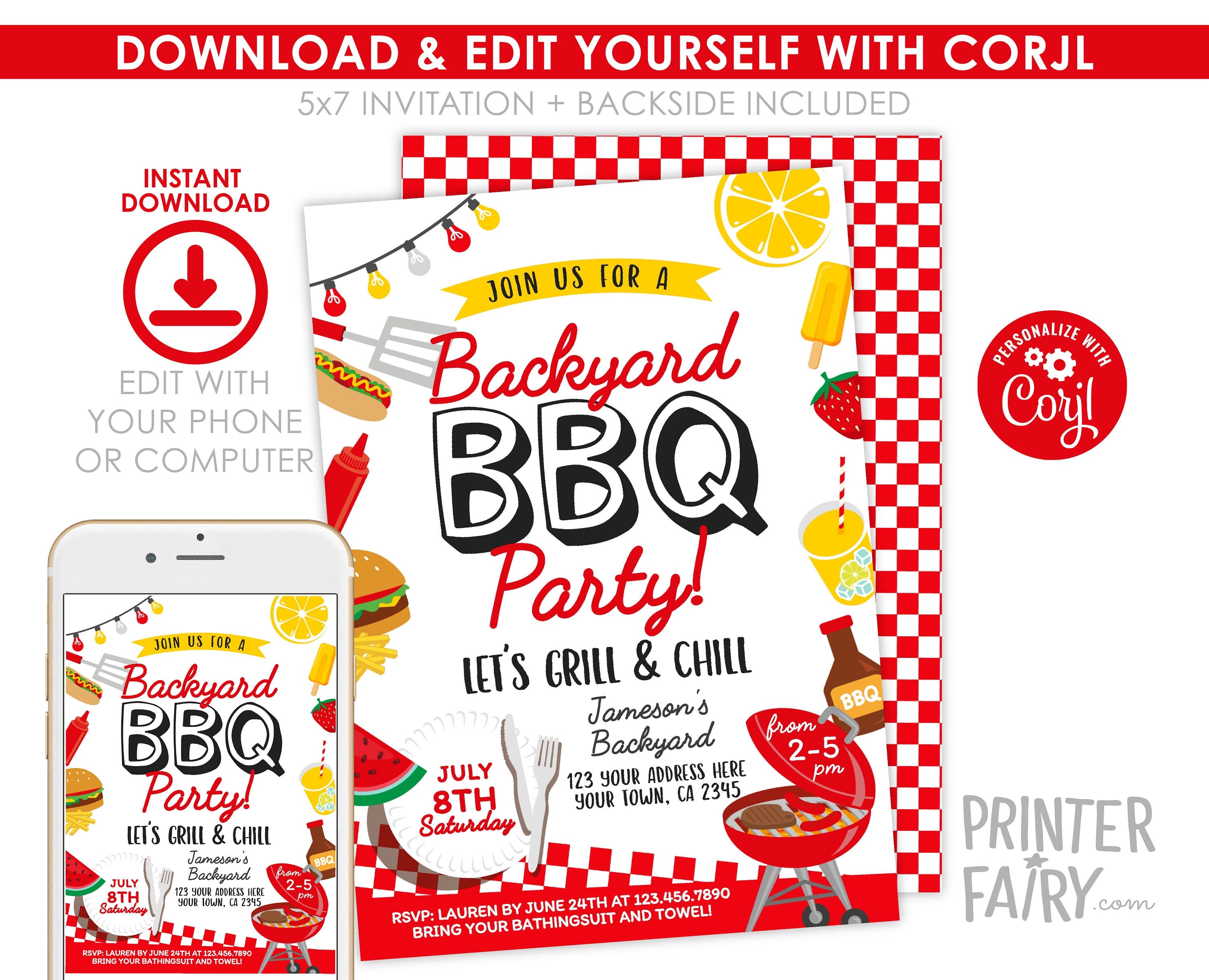 BBQ Party Invitation Editable Template, Digital Printable Design, Instant Download