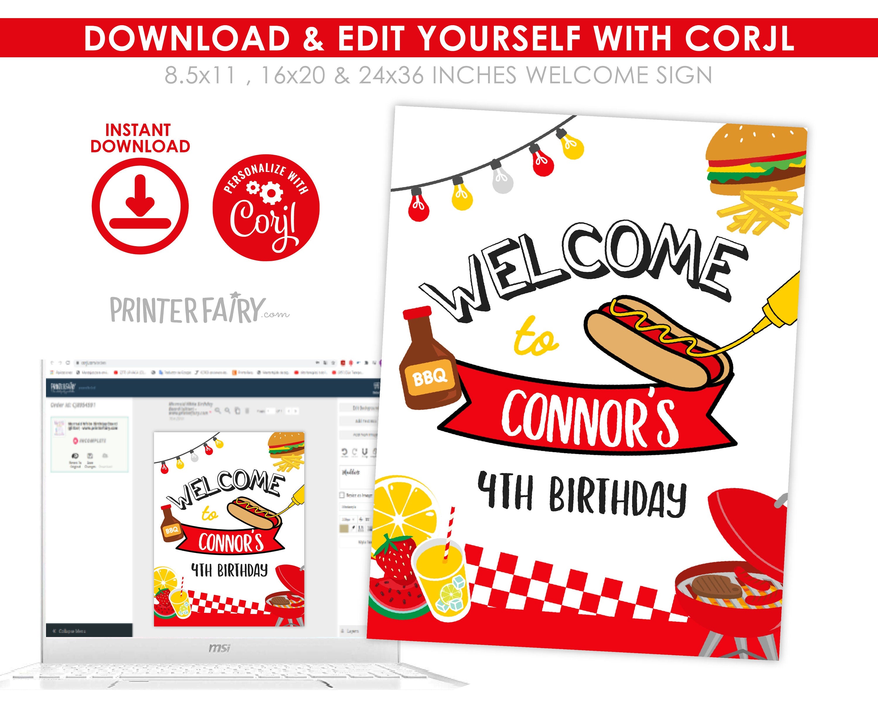 BBQ Party Welcome Sign Editable Template, Digital Printable Design, Instant Download