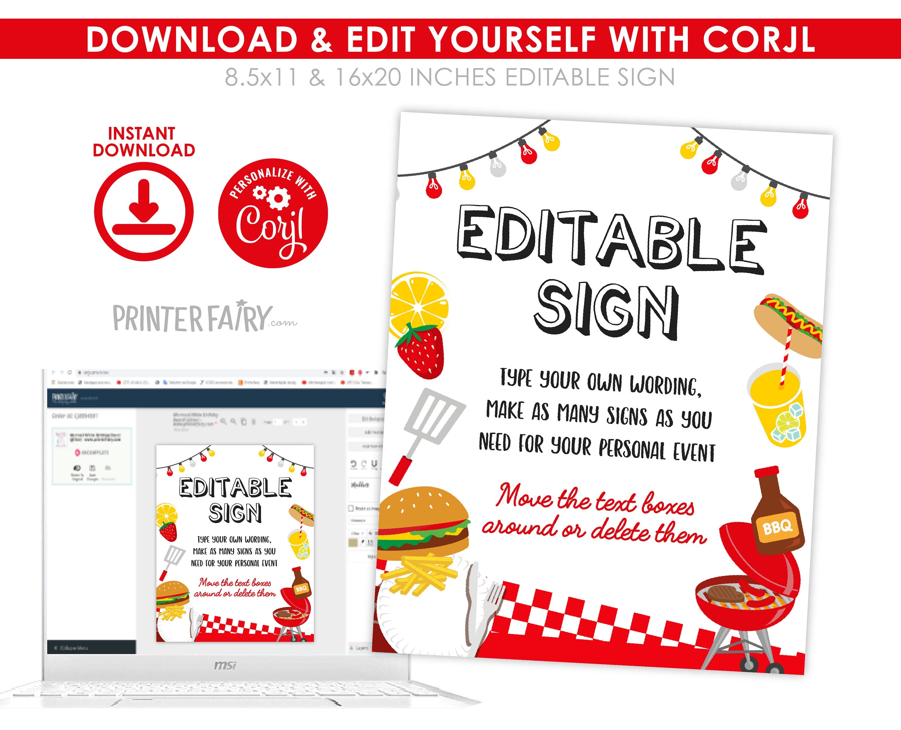 BBQ Birthday Party Editable Sign Editable Template, Digital Printable Design, Instant Download