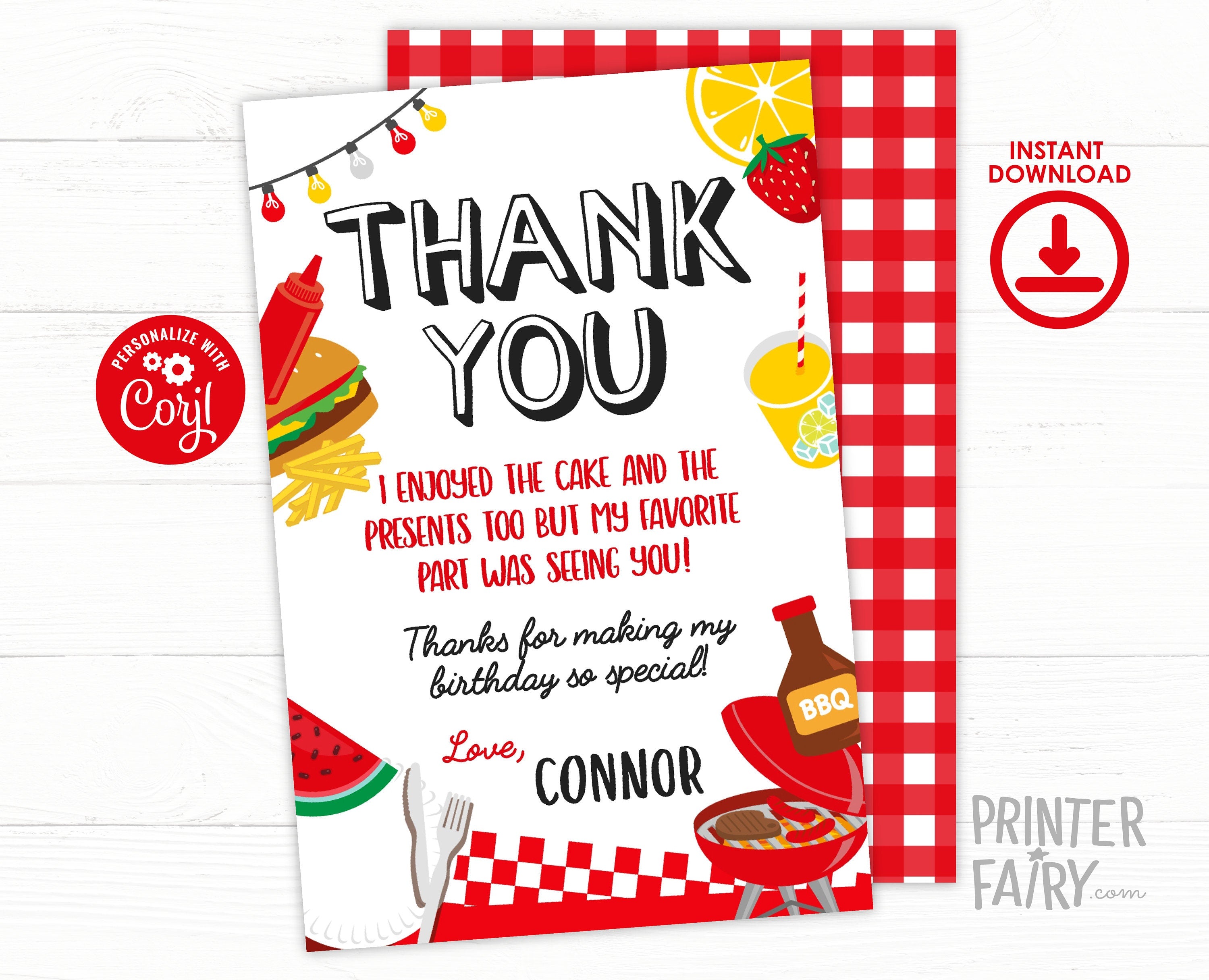 BBQ Birthday Thank You Card, Editable Printable (Instant Download 4x6in)