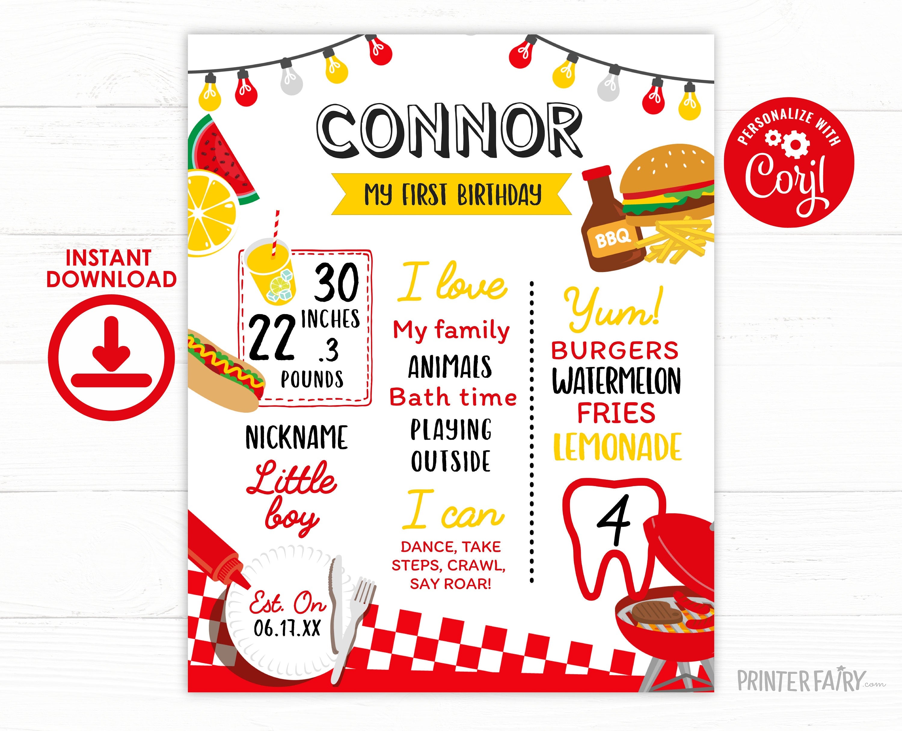 BBQ First Birthday Stats Sign Editable Template, Digital Printable Design, Instant Download