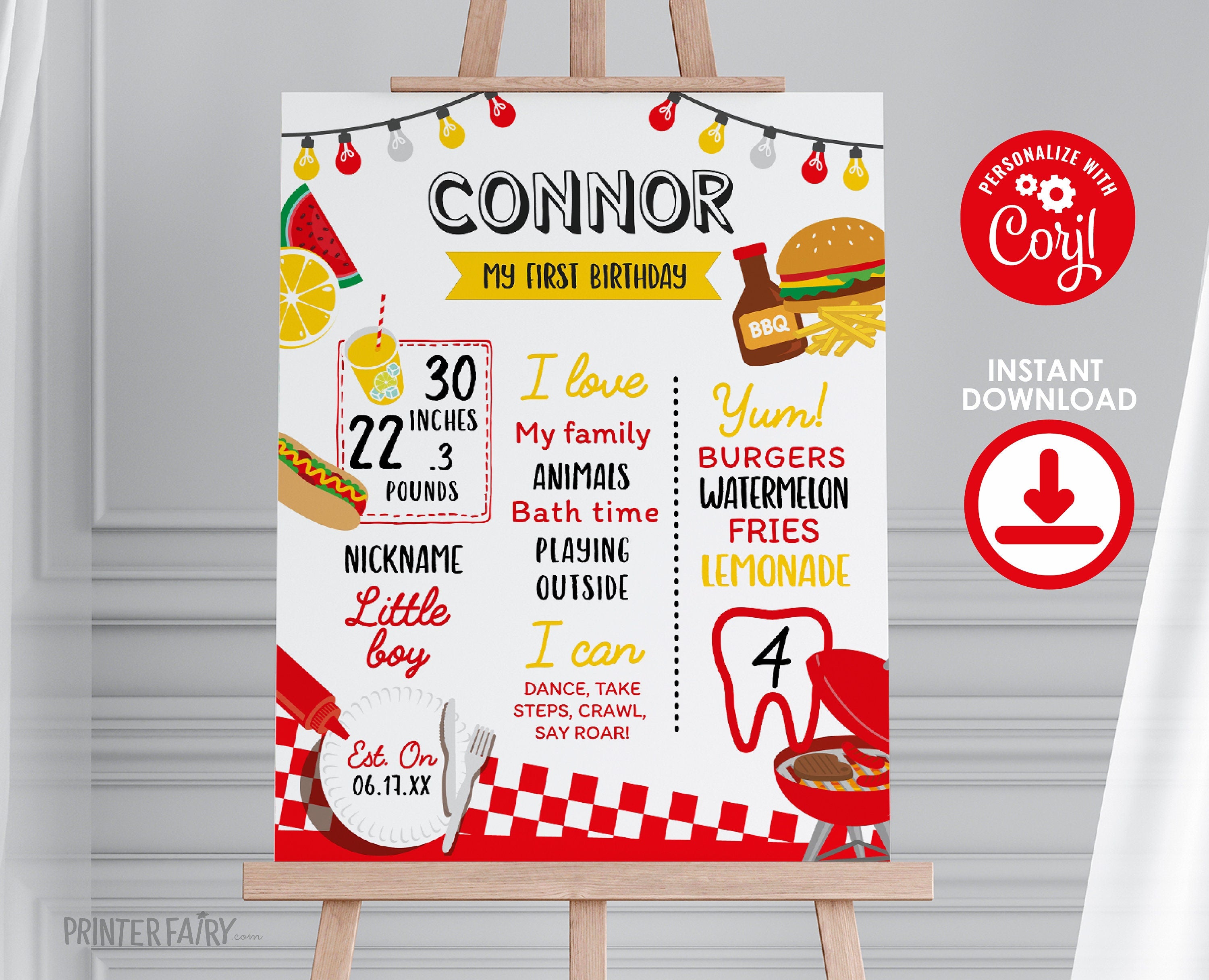 BBQ First Birthday Stats Sign Editable Template, Digital Printable Design, Instant Download