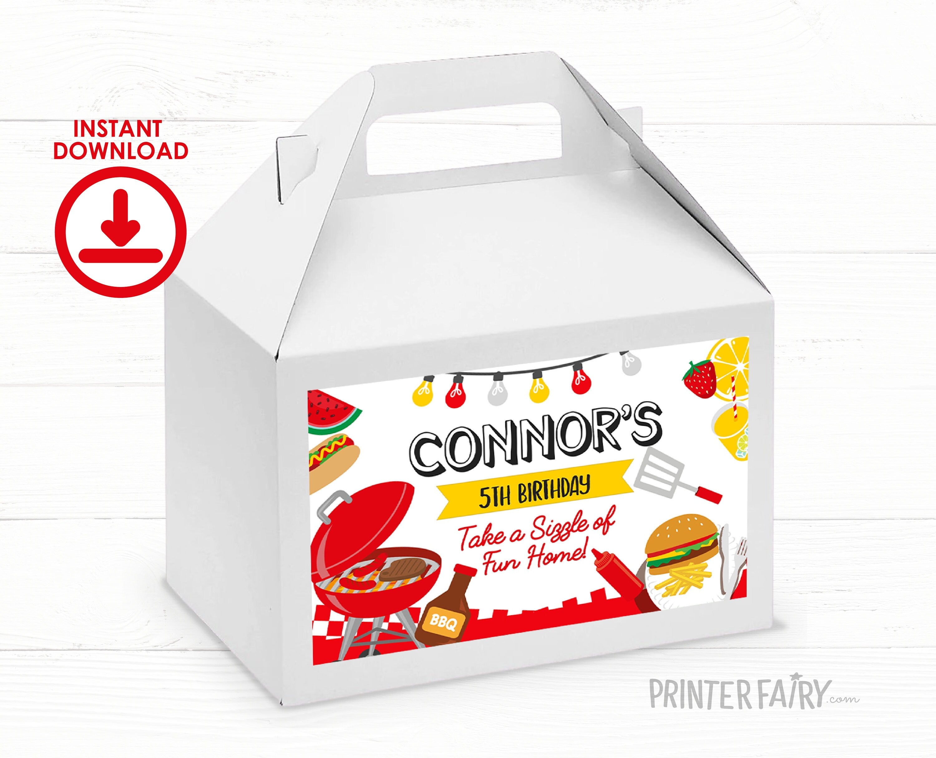 BBQ Birthday Party Gable Box Label  Editable Template, Personalized Favor Box, Instant Download